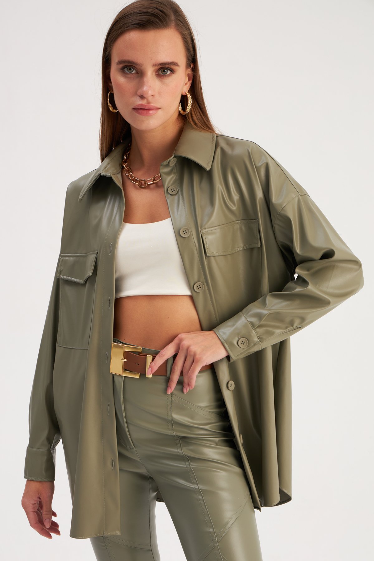 Cepli Uzun Deri Gömlek - ÇAĞLA YEŞİLİ