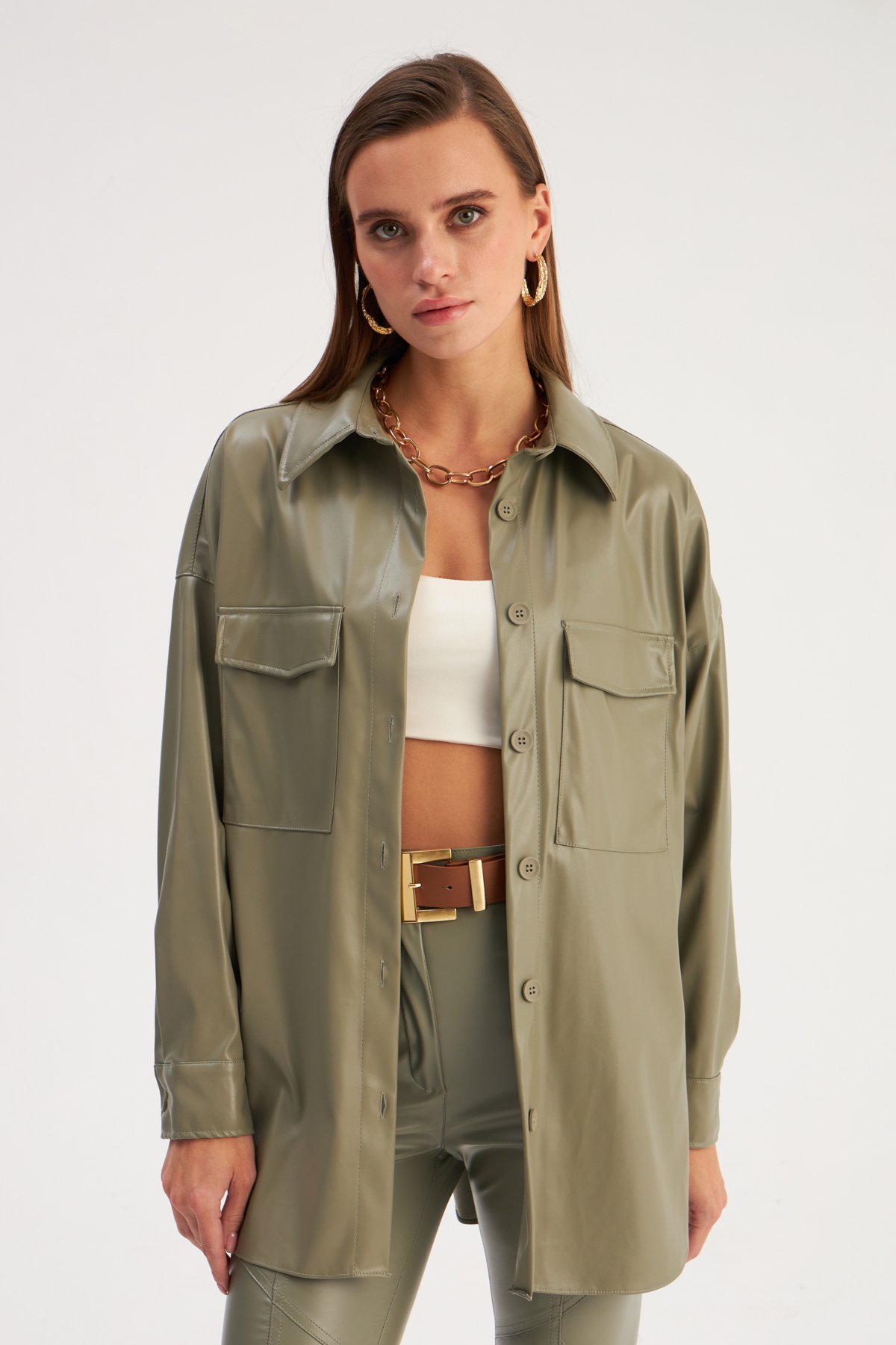 Cepli Uzun Deri Gömlek - ÇAĞLA YEŞİLİ