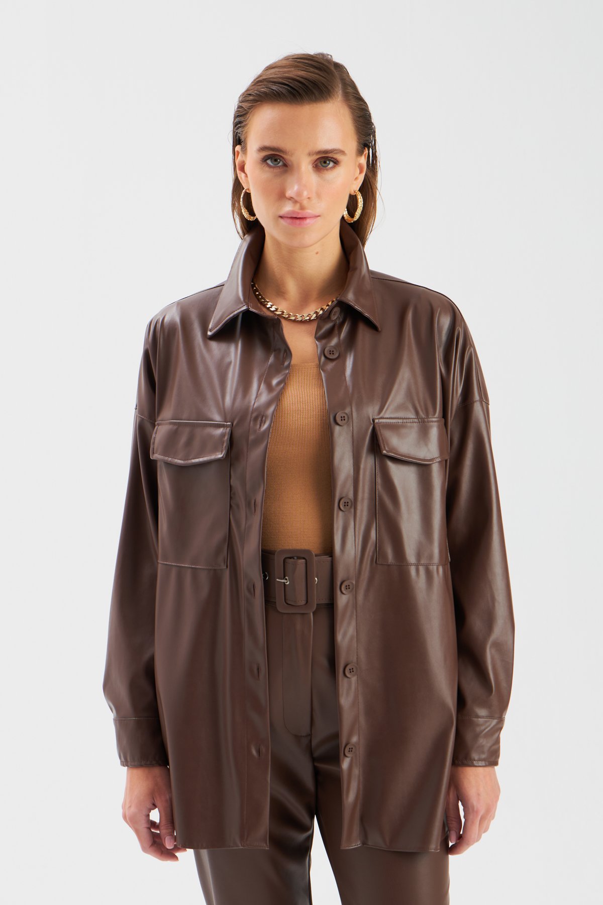 Cepli Uzun Deri Gömlek - KOYU KAHVE
