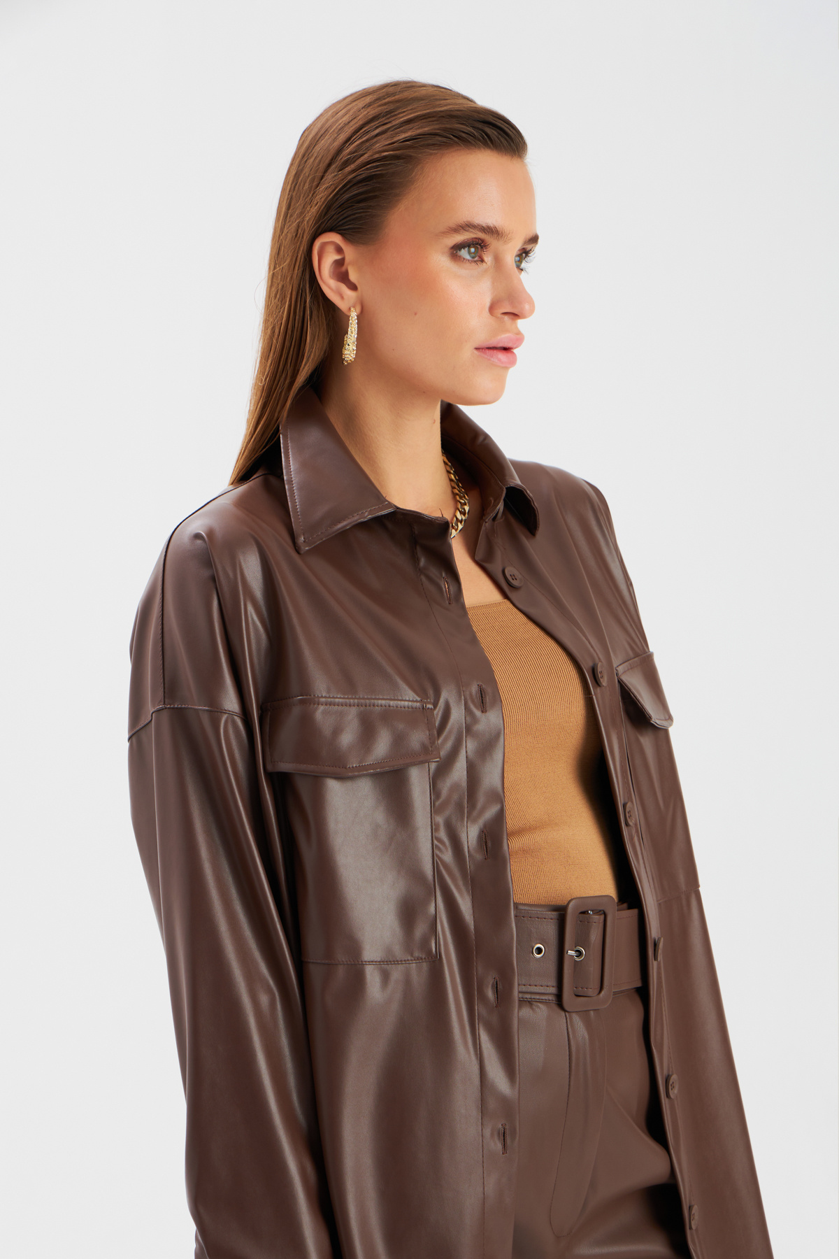Cepli Uzun Deri Gömlek - KOYU KAHVE