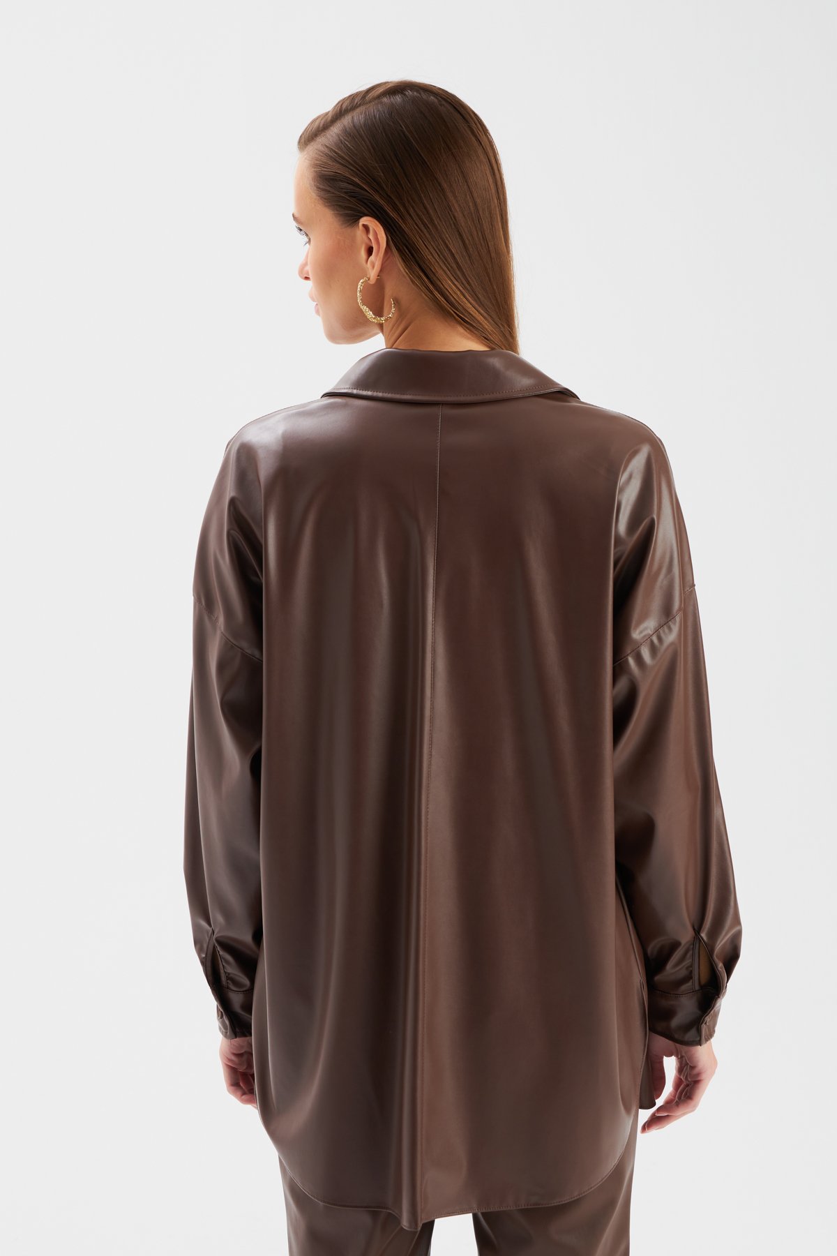 Cepli Uzun Deri Gömlek - KOYU KAHVE