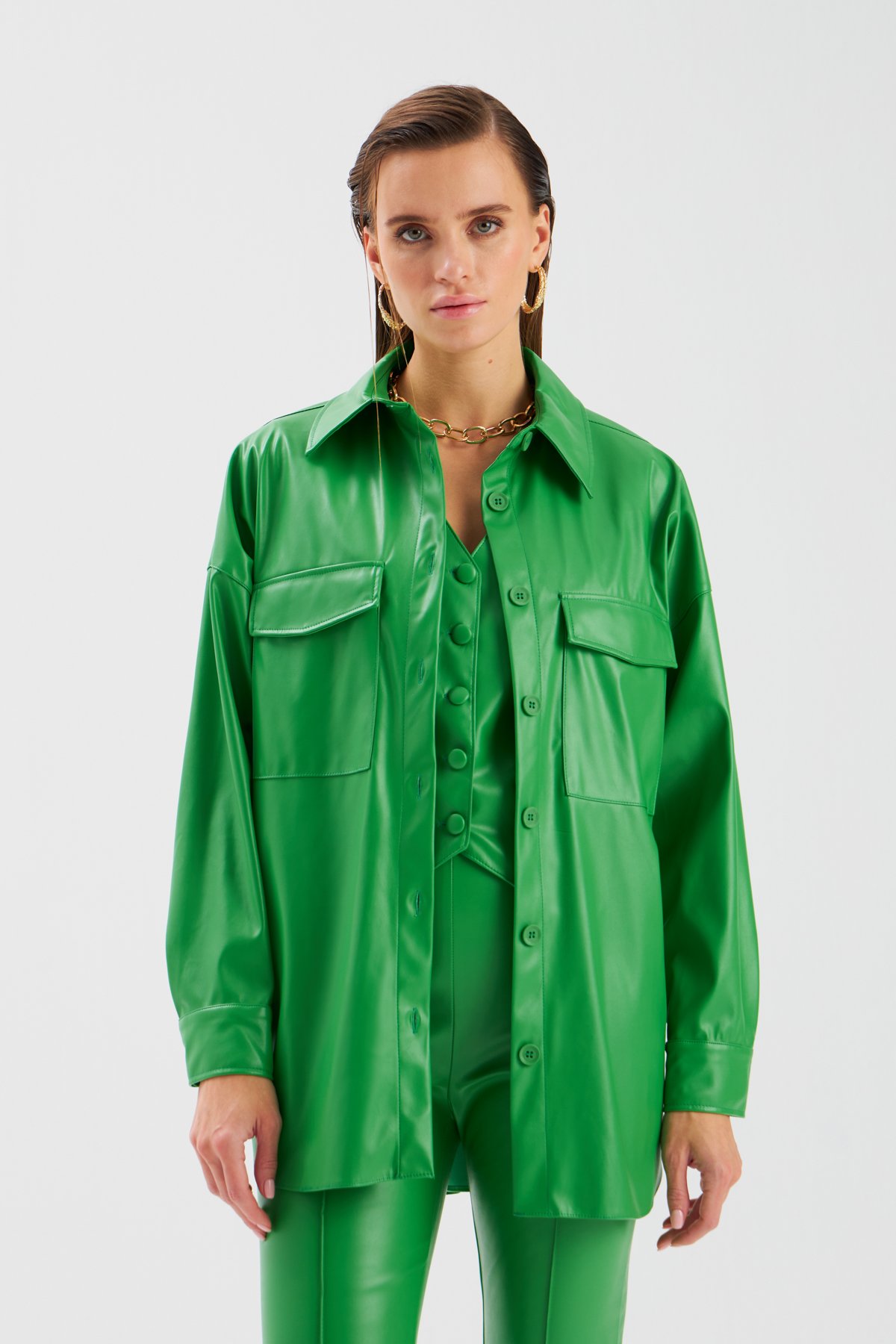 Cepli Uzun Deri Gömlek - YEŞİL
