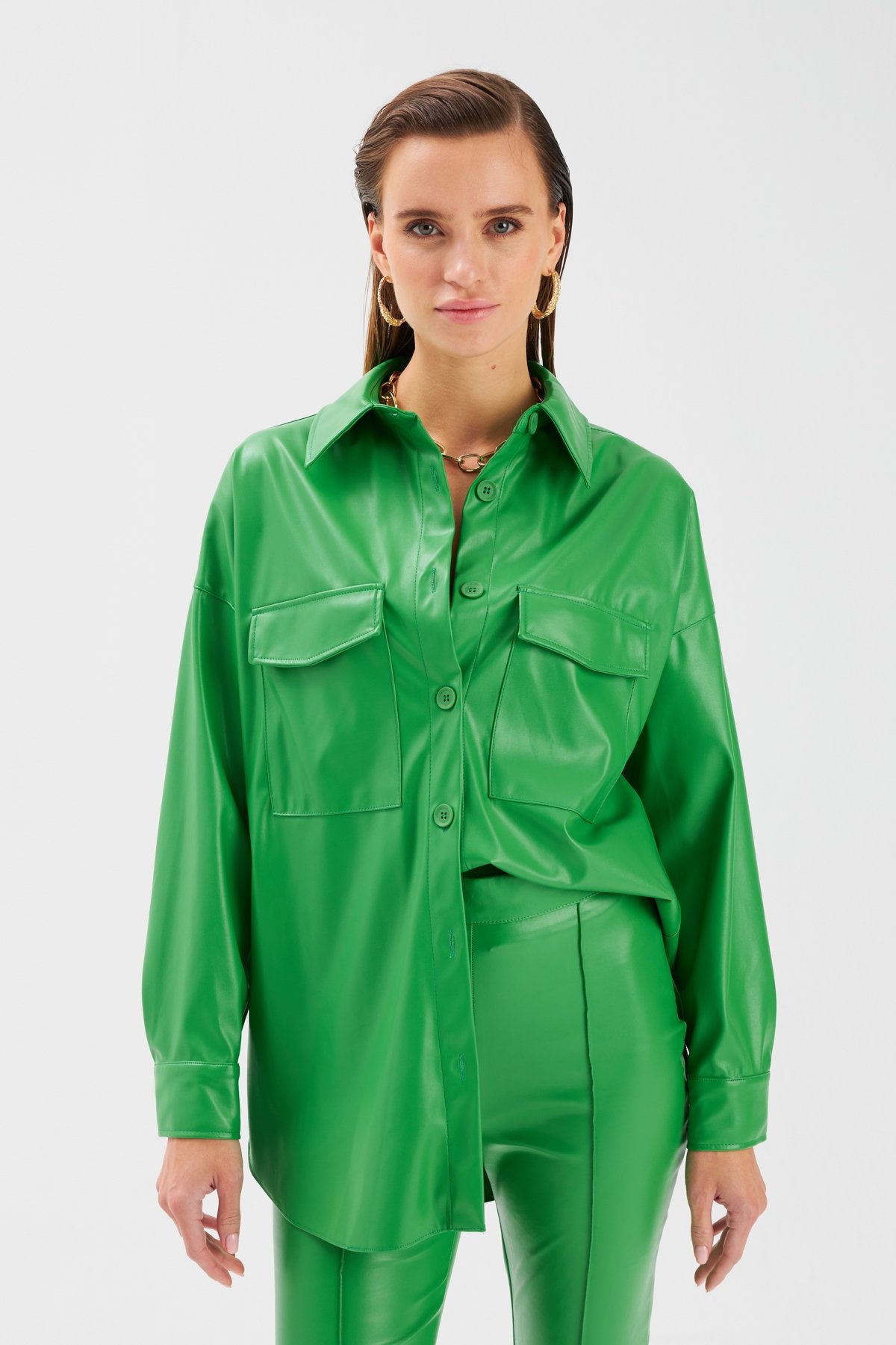 Cepli Uzun Deri Gömlek - YEŞİL