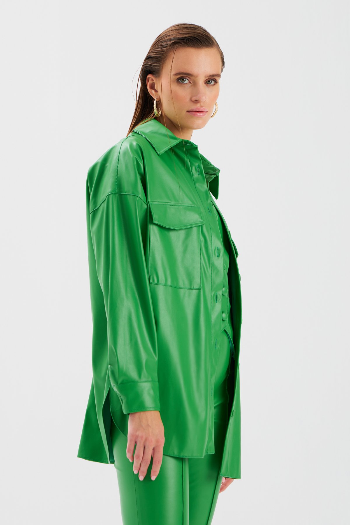 Cepli Uzun Deri Gömlek - YEŞİL