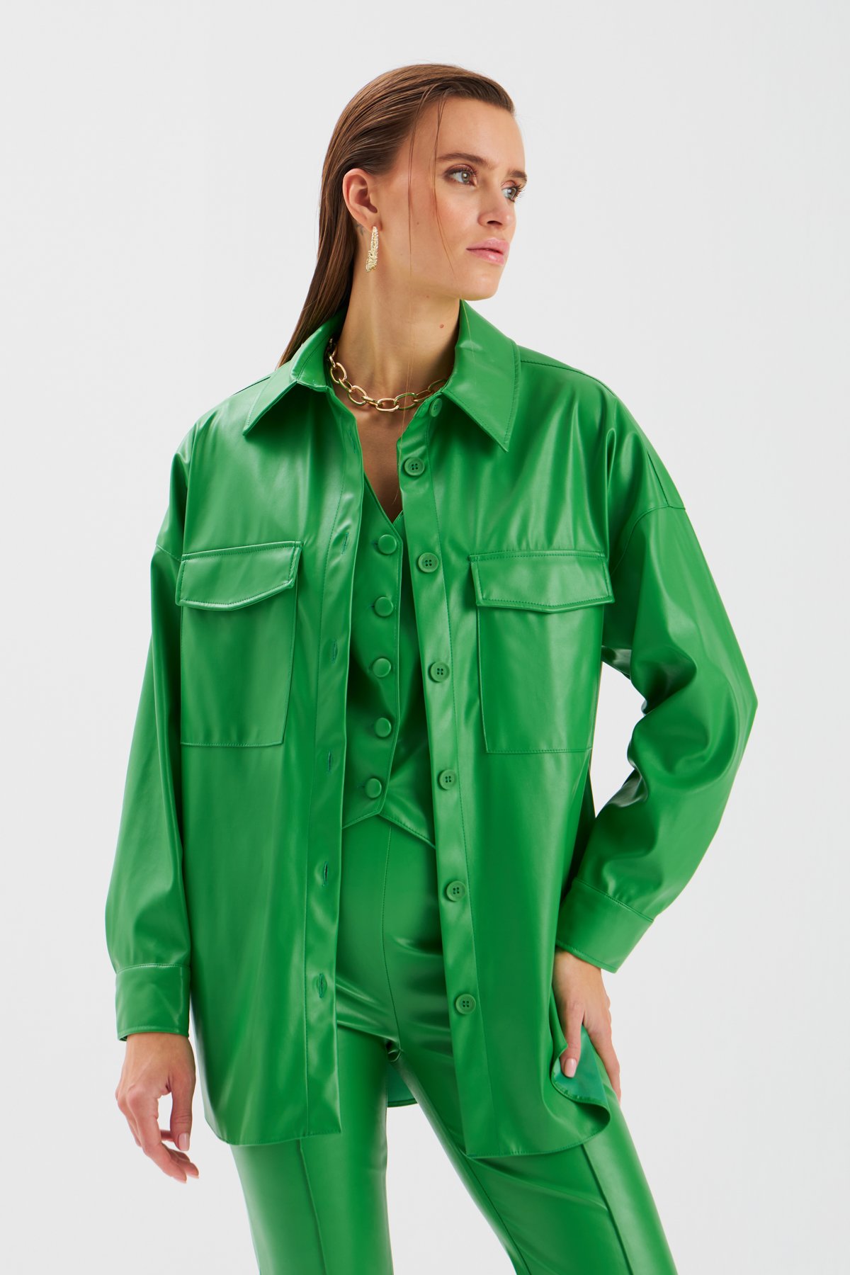 Cepli Uzun Deri Gömlek - YEŞİL