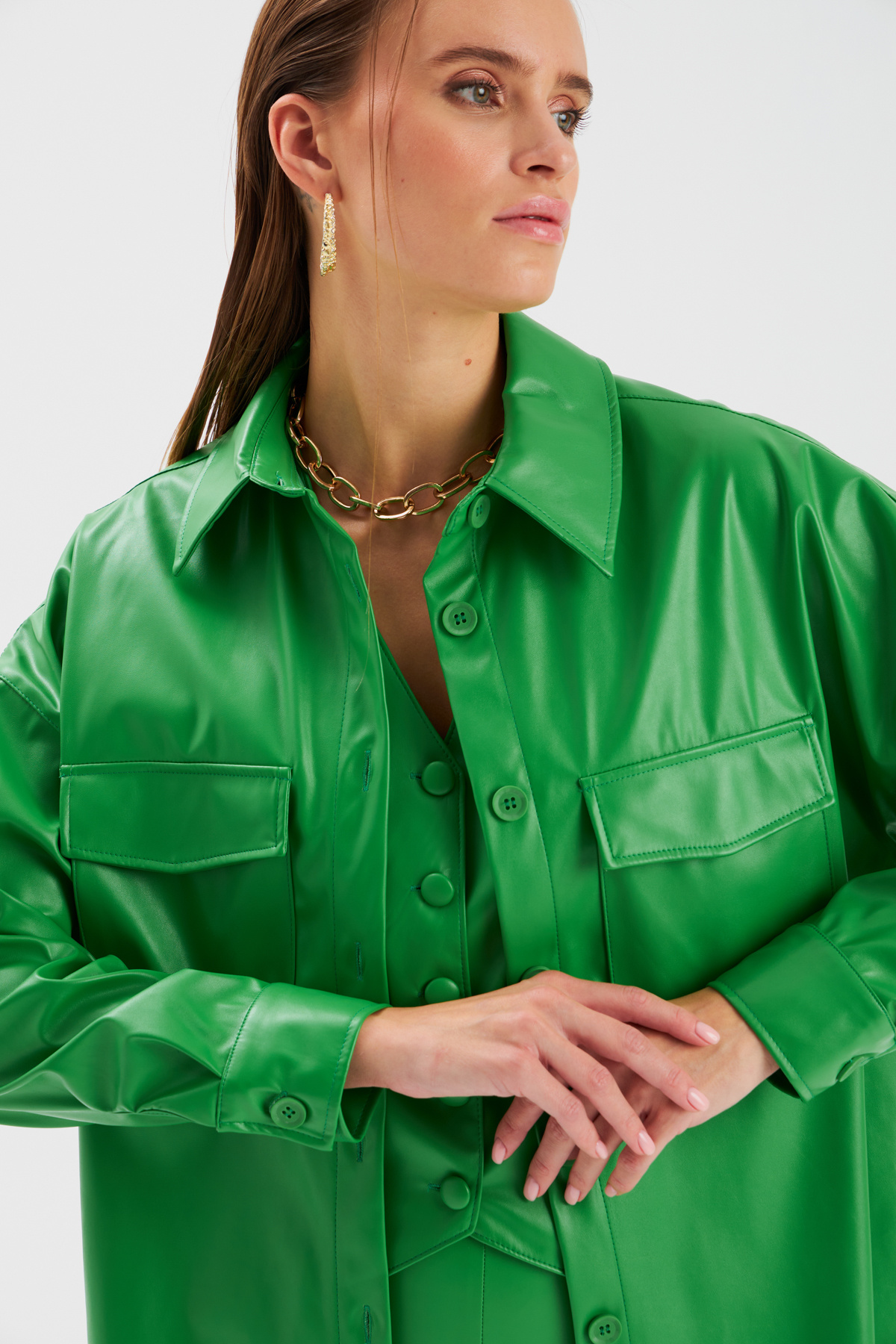 Cepli Uzun Deri Gömlek - YEŞİL