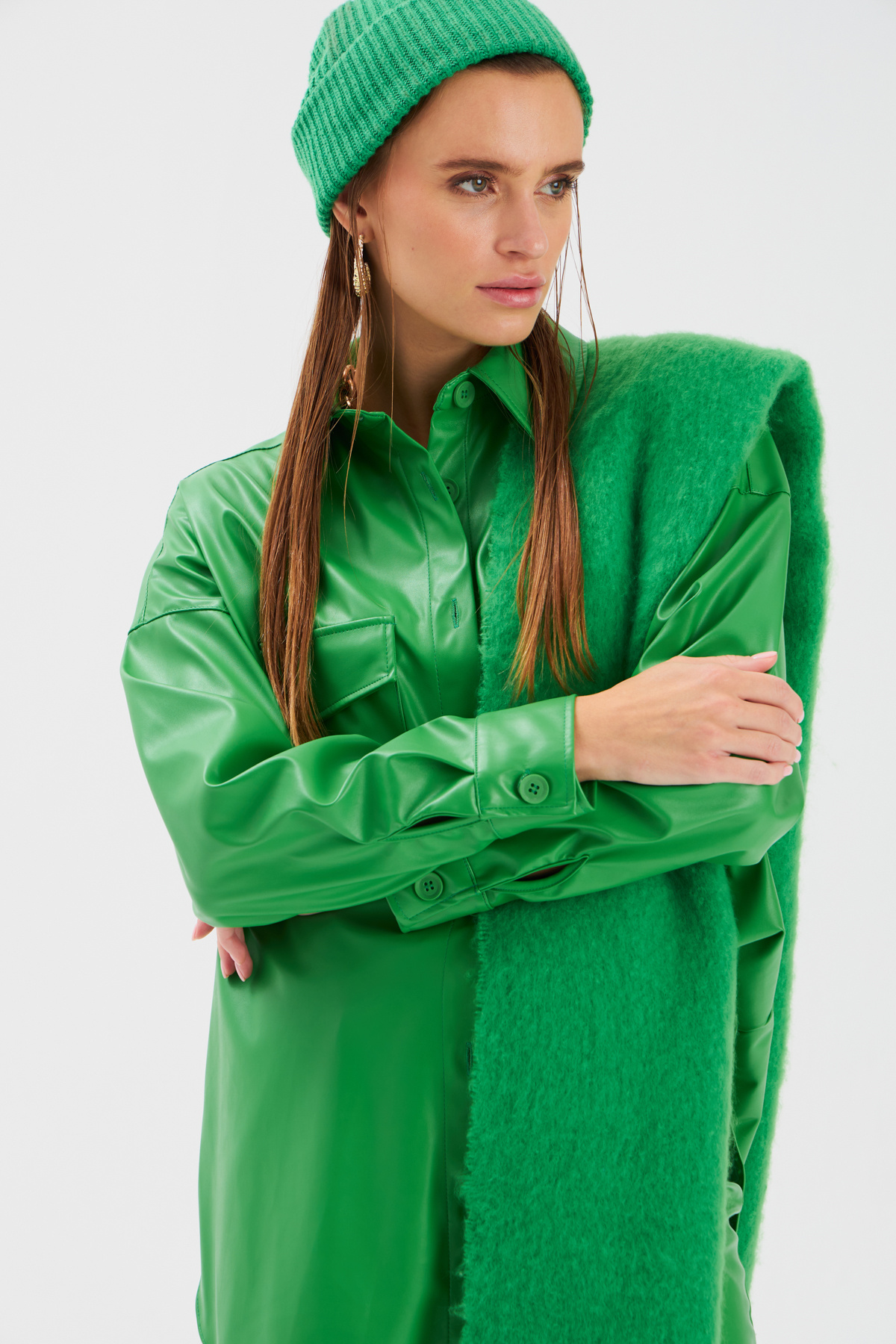 Cepli Uzun Deri Gömlek - YEŞİL