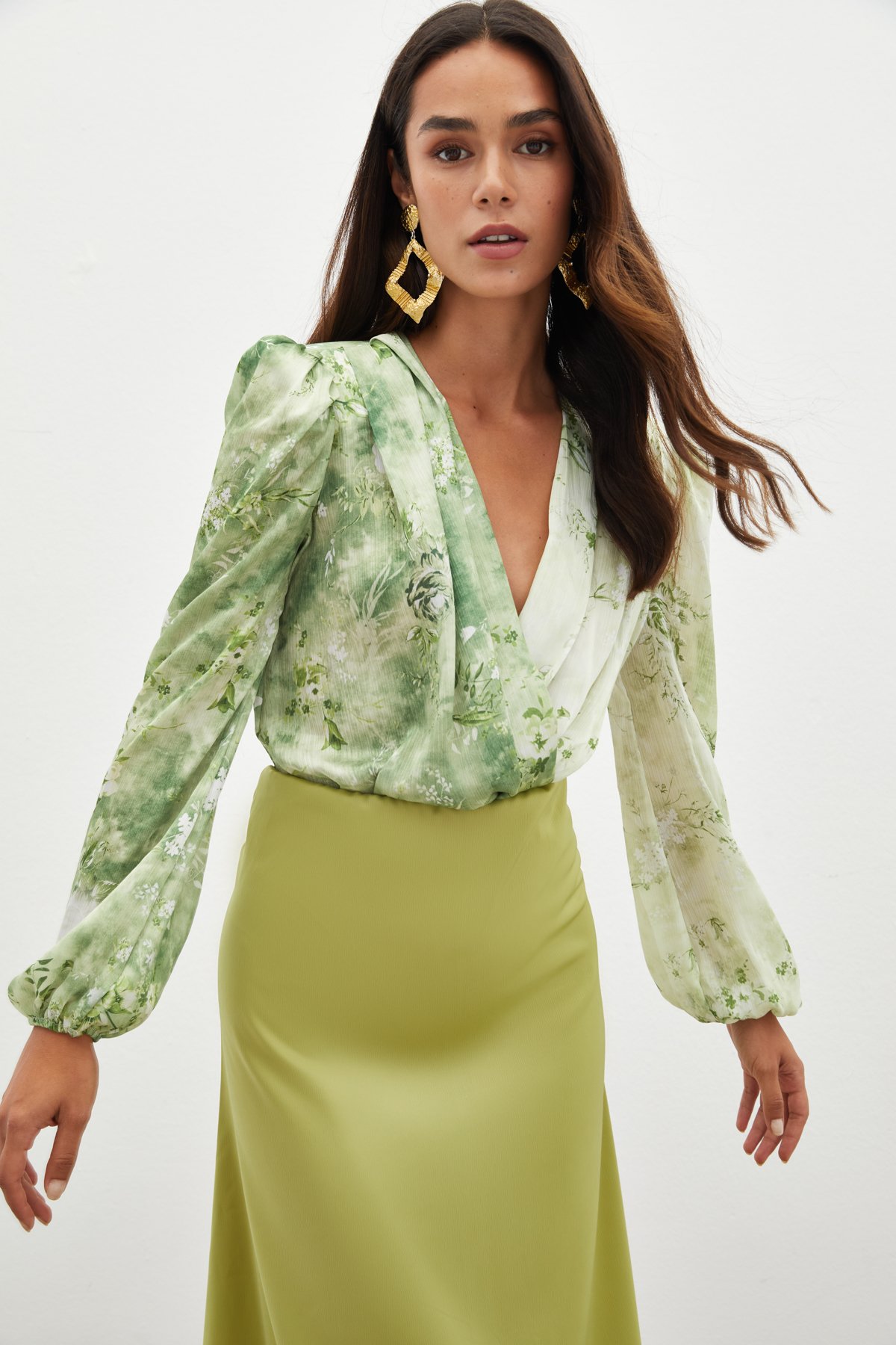 Çiçek Desenli Bodysuit Bluz - ÇAĞLA YEŞİLİ