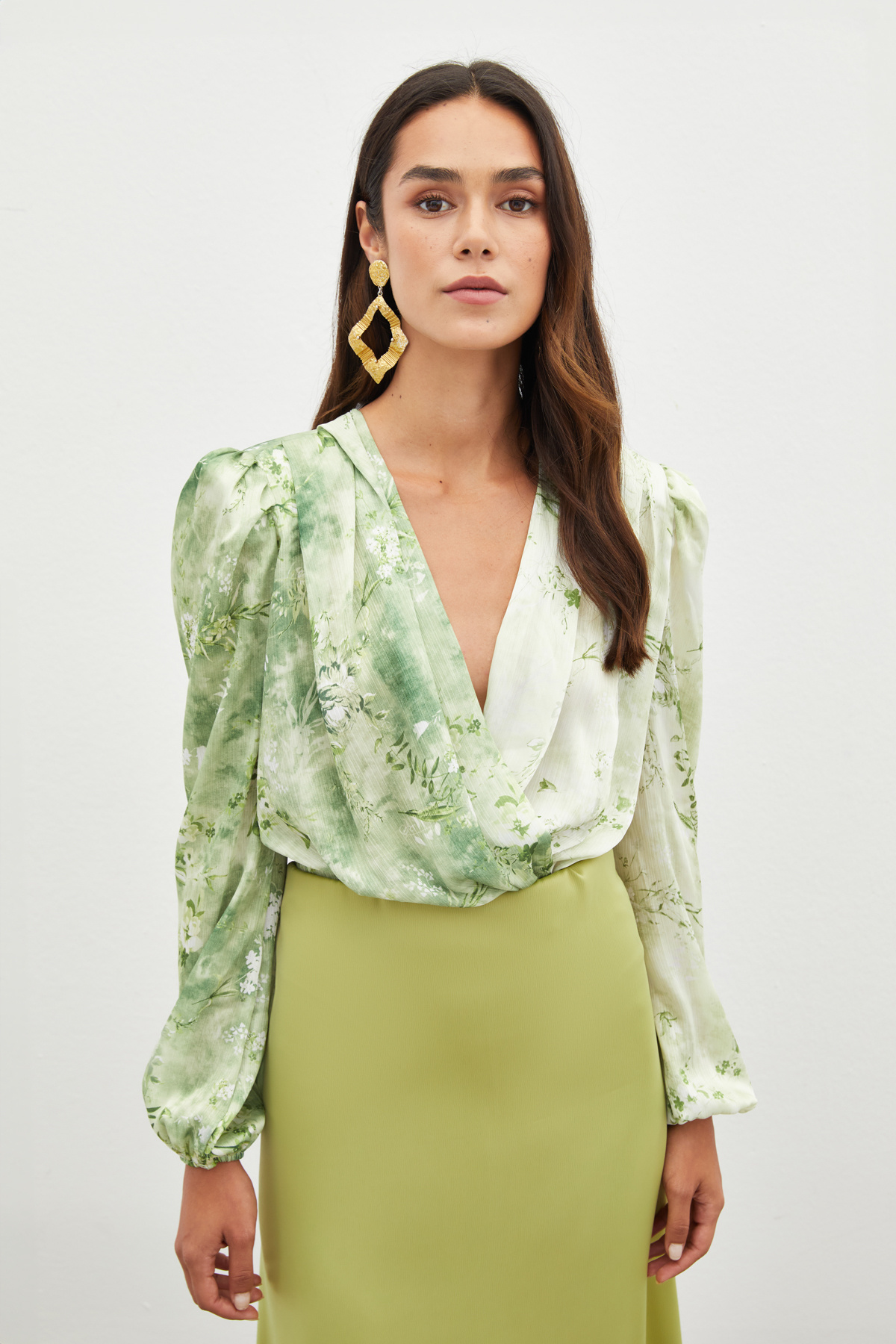 Çiçek Desenli Bodysuit Bluz - ÇAĞLA YEŞİLİ