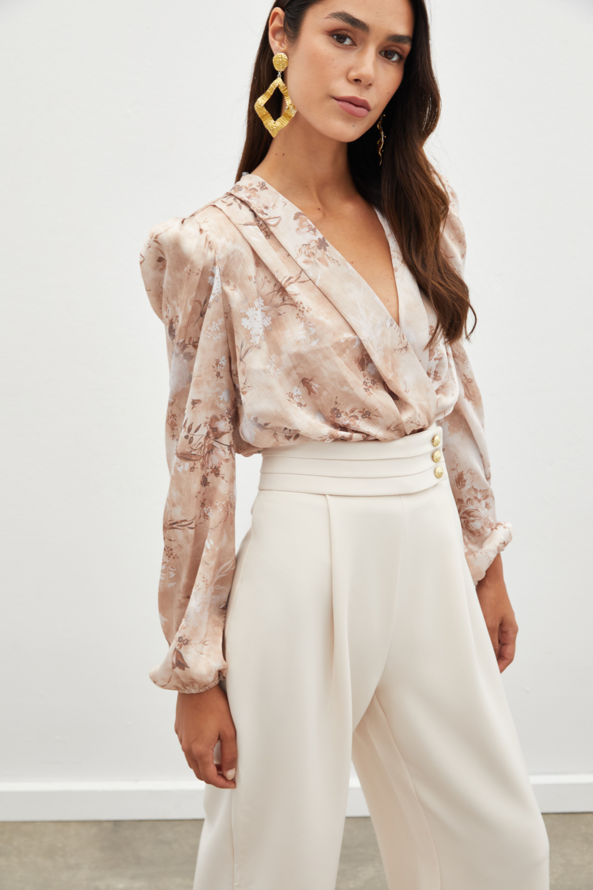 Çiçek Desenli Bodysuit Bluz - CAMEL