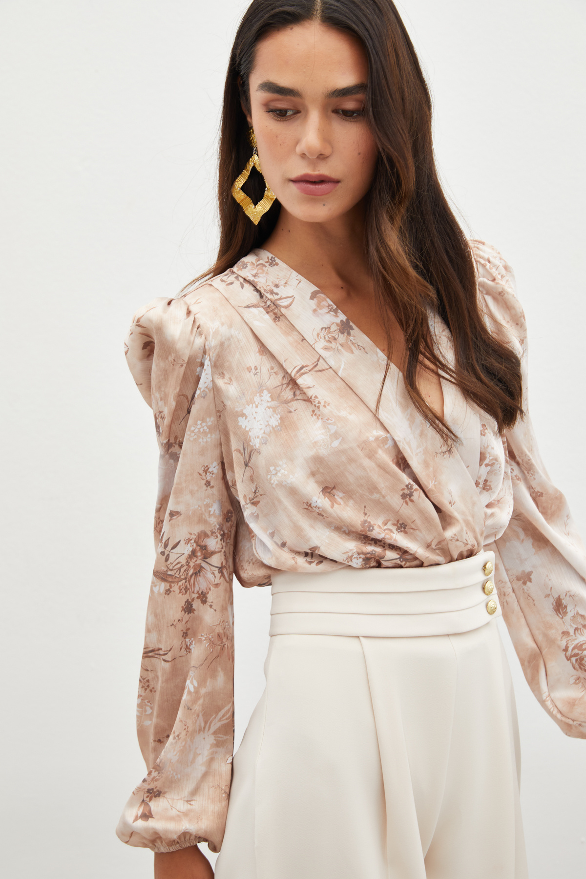 Çiçek Desenli Bodysuit Bluz - CAMEL