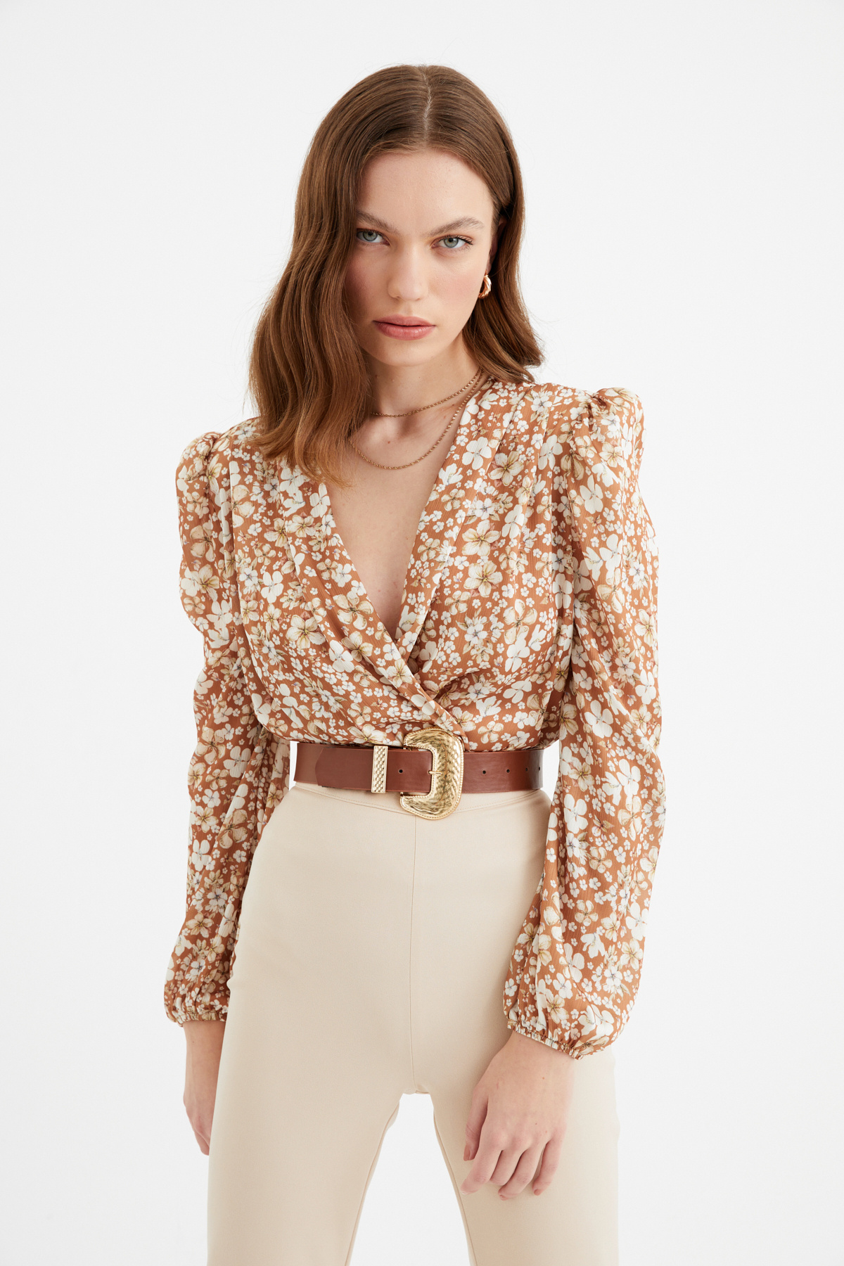 Çiçek desenli bodysuit - KAHVE