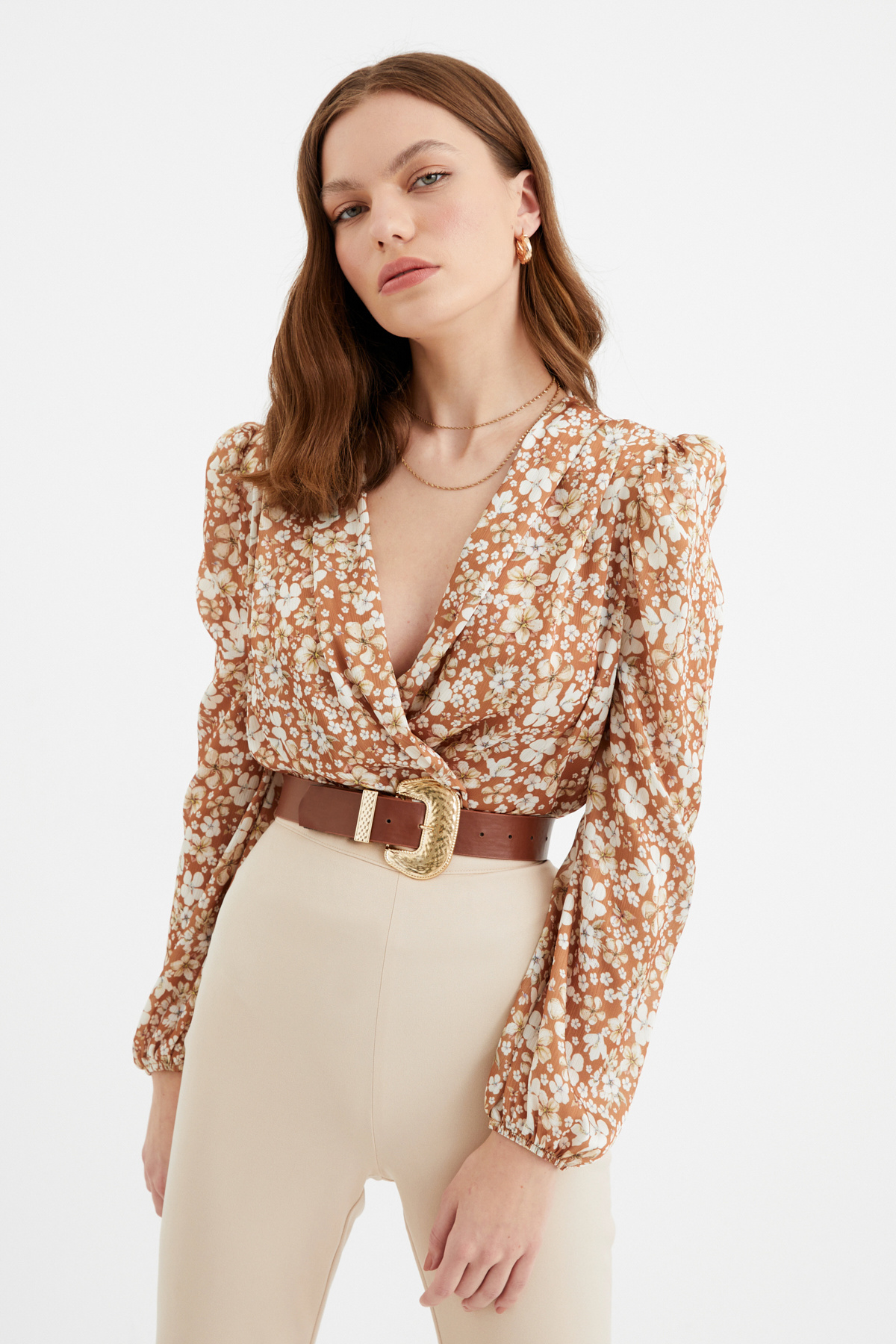 Çiçek desenli bodysuit - KAHVE