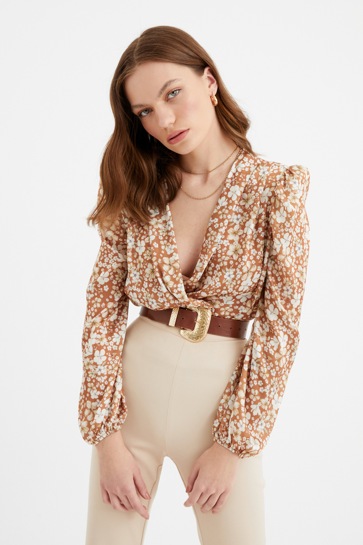 Çiçek desenli bodysuit - KAHVE