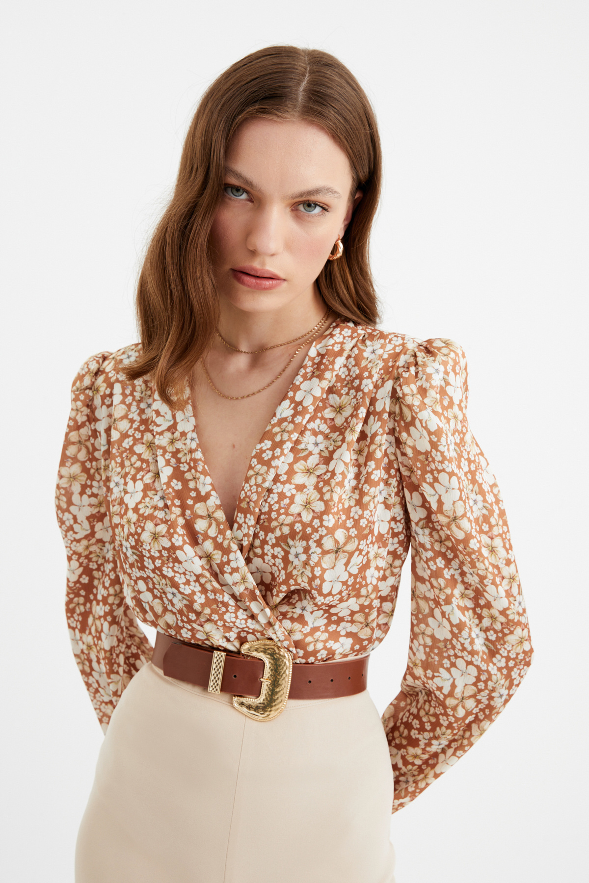 Çiçek desenli bodysuit - KAHVE
