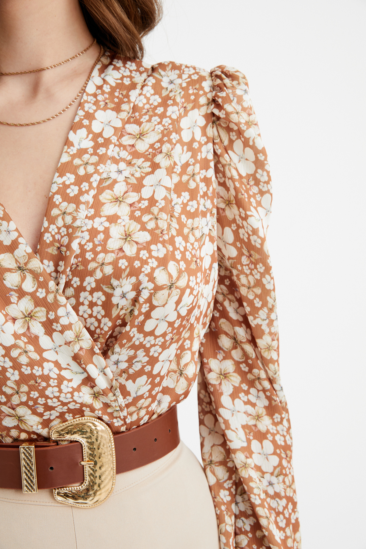 Çiçek desenli bodysuit - KAHVE