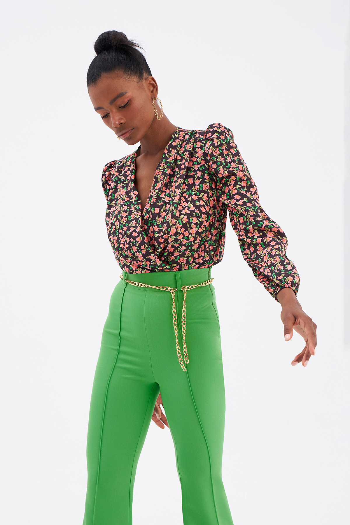 Çiçek Desenli Bodysuit - SİYAH