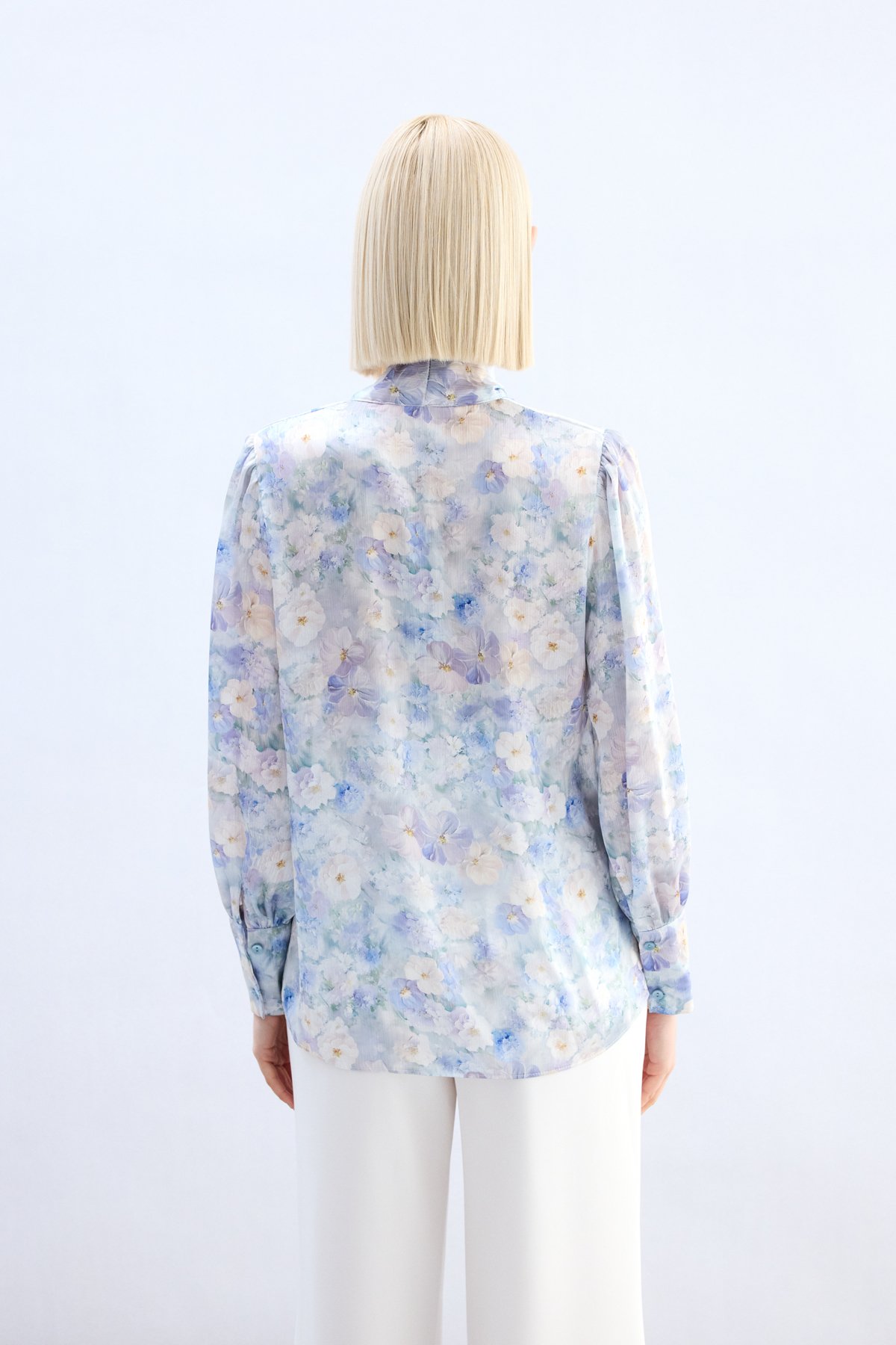 Çiçek Desenli Fularlı Gömlek - Lila