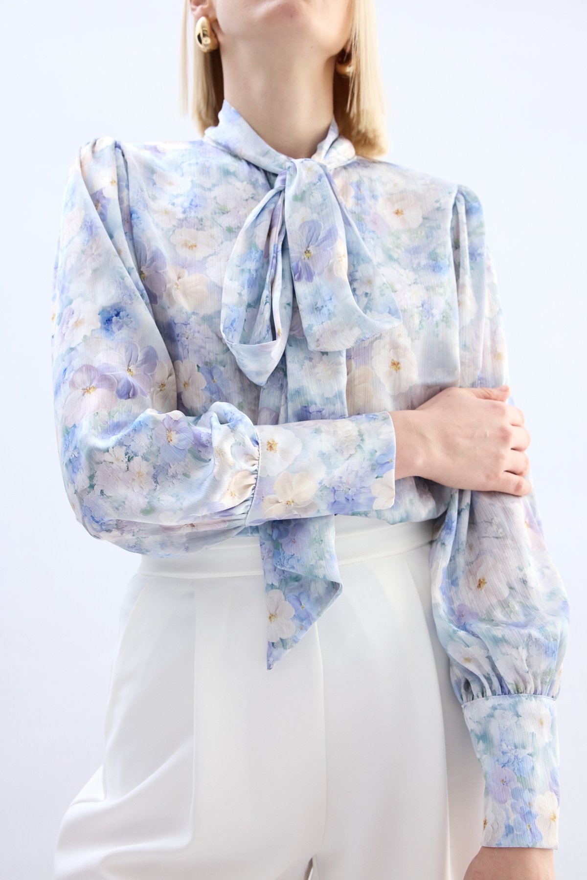 Çiçek Desenli Fularlı Gömlek - Lila