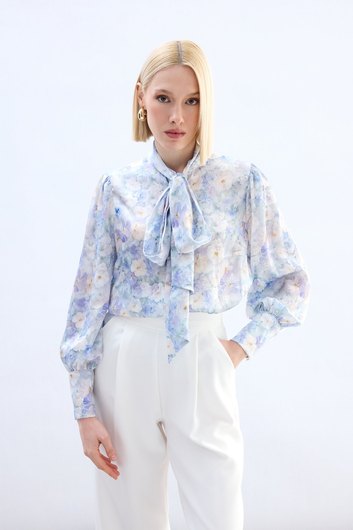 Çiçek Desenli Fularlı Gömlek - Lila