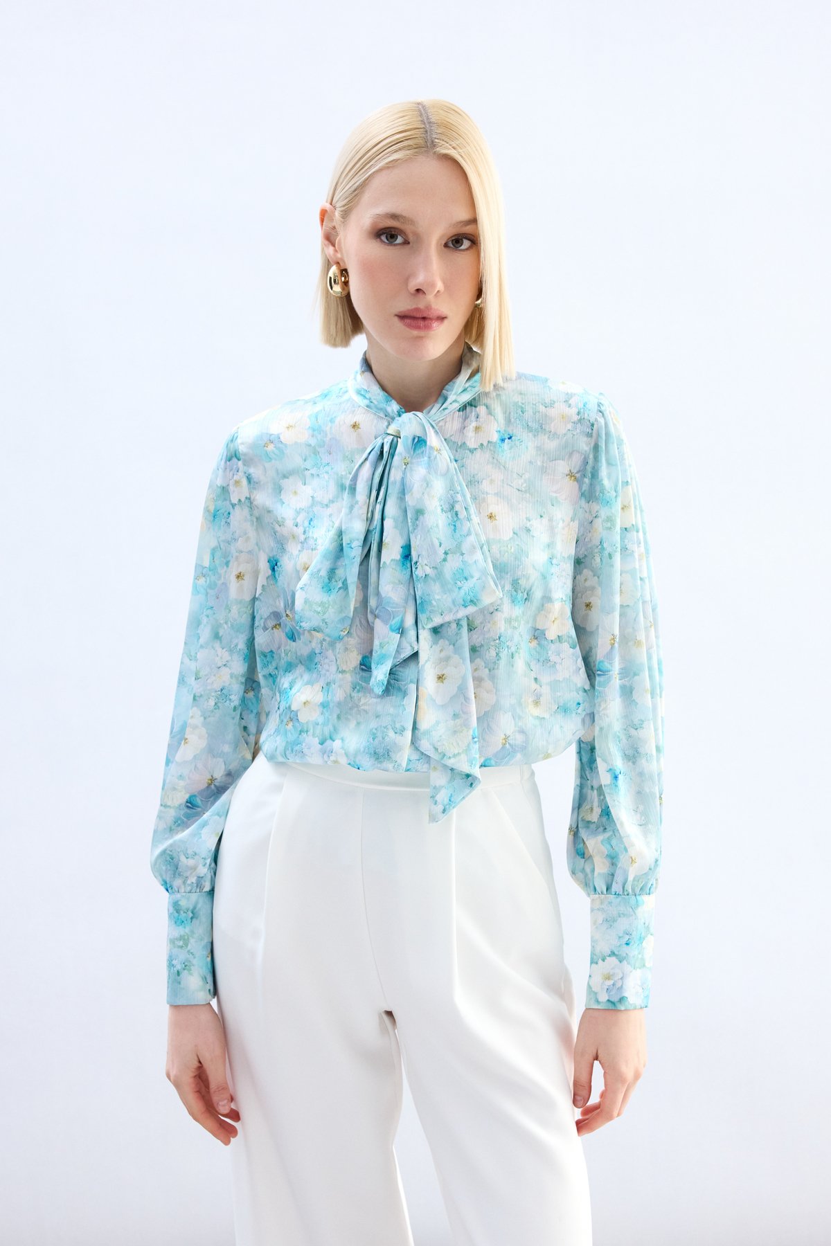 Çiçek Desenli Fularlı Gömlek - Mint