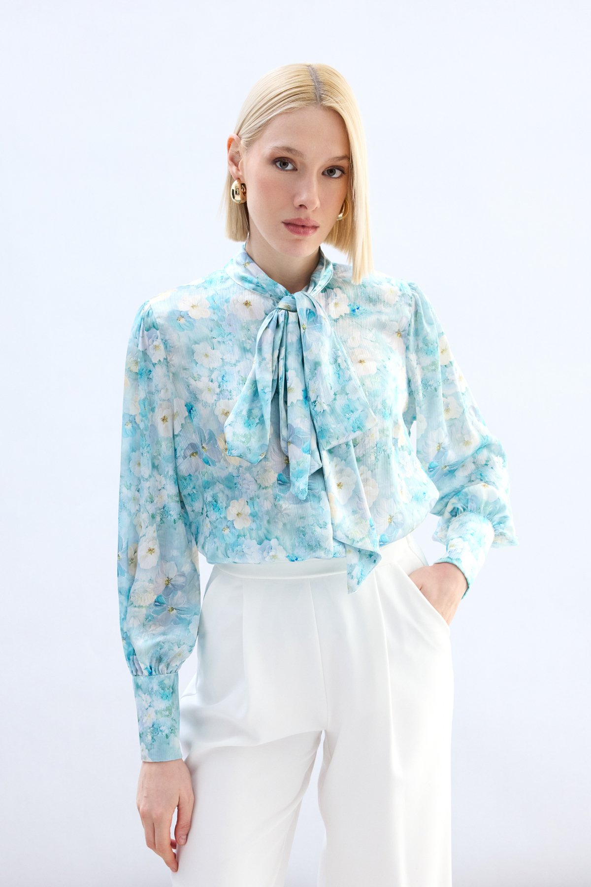 Çiçek Desenli Fularlı Gömlek - Mint