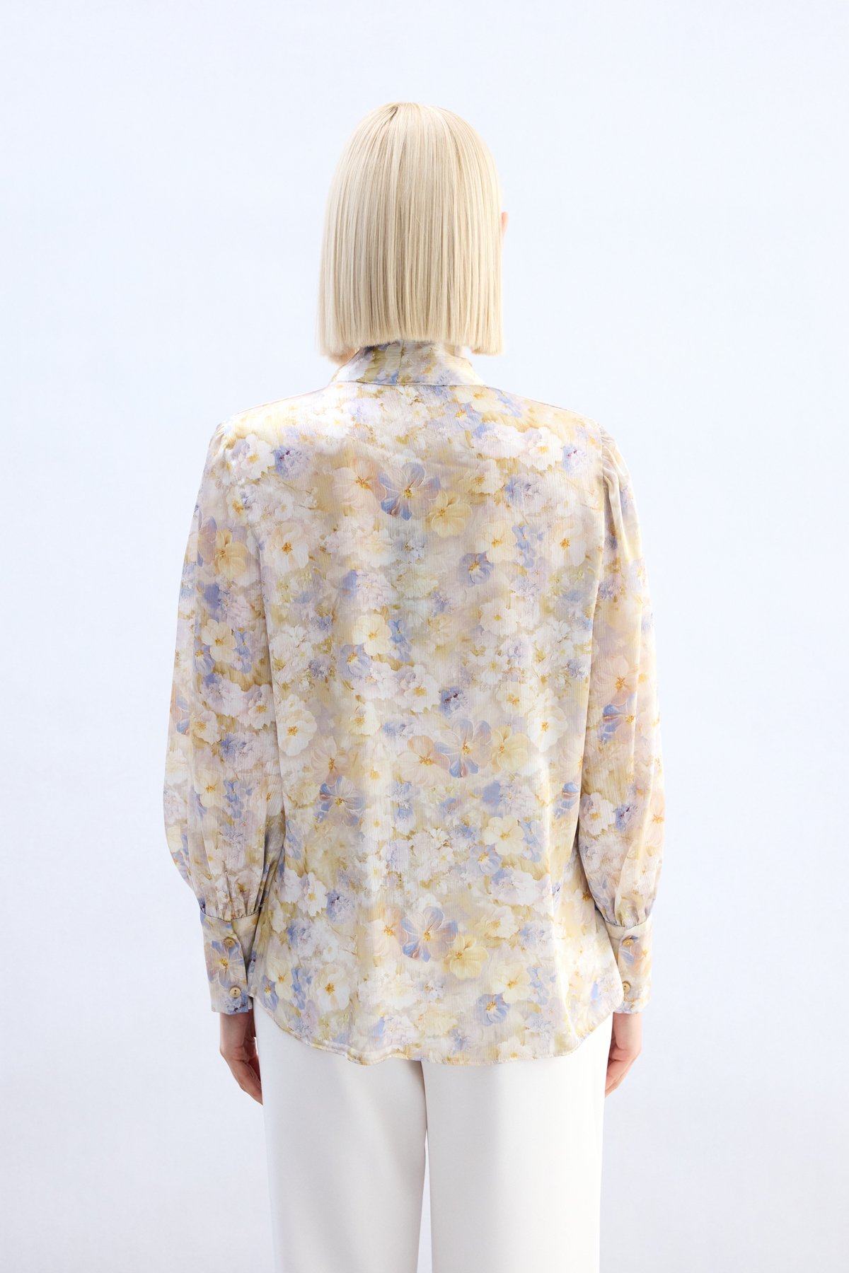 Çiçek Desenli Fularlı Gömlek - Sarı