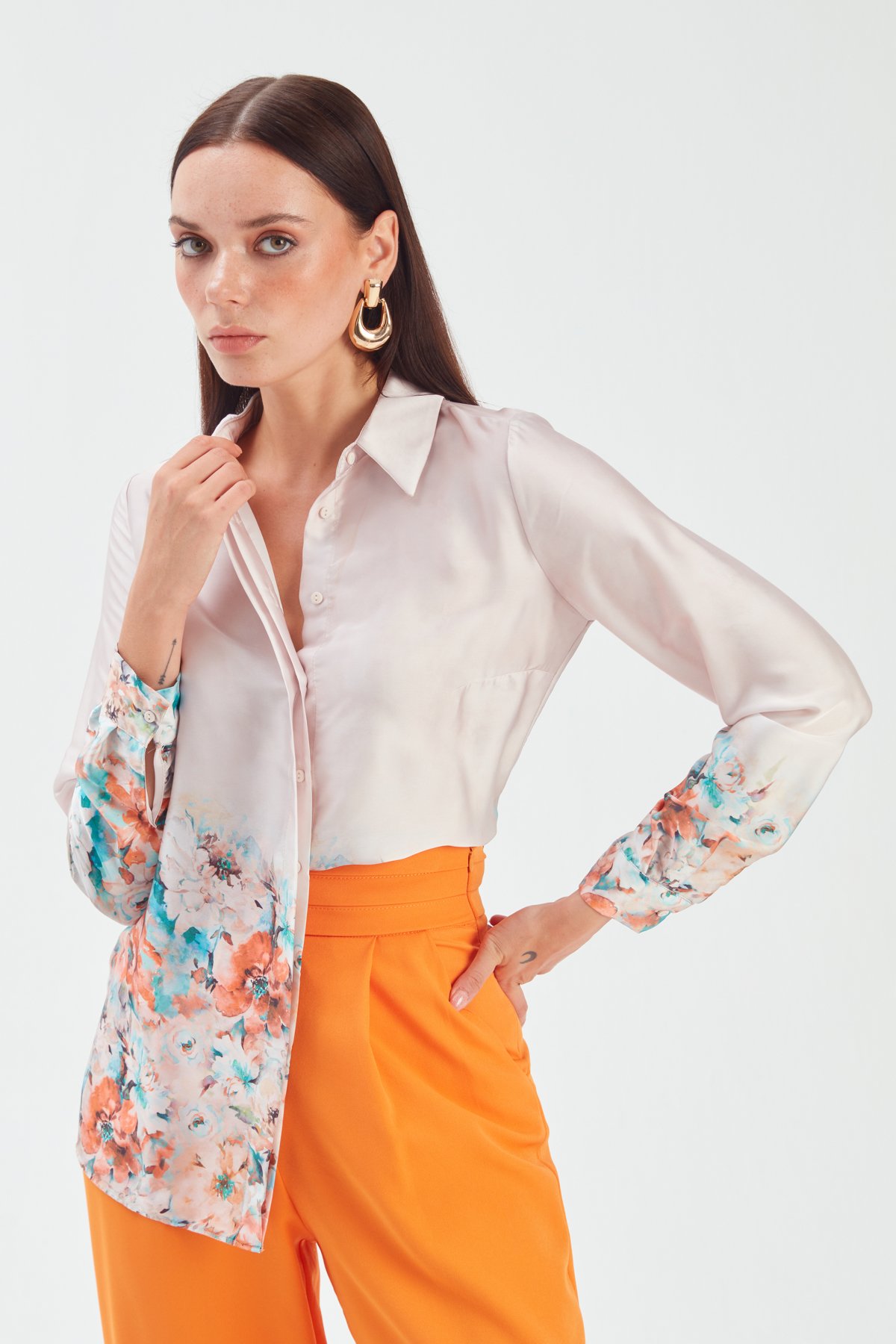 Çiçek Desenli Gömlek - BEJ