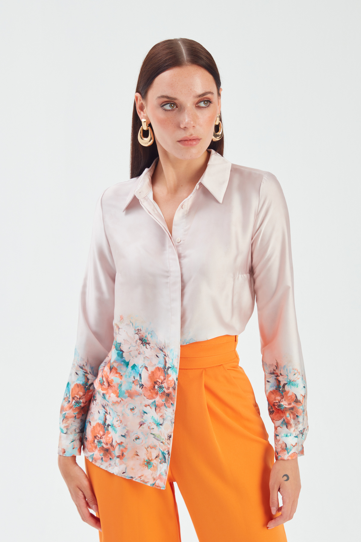 Çiçek Desenli Gömlek - BEJ