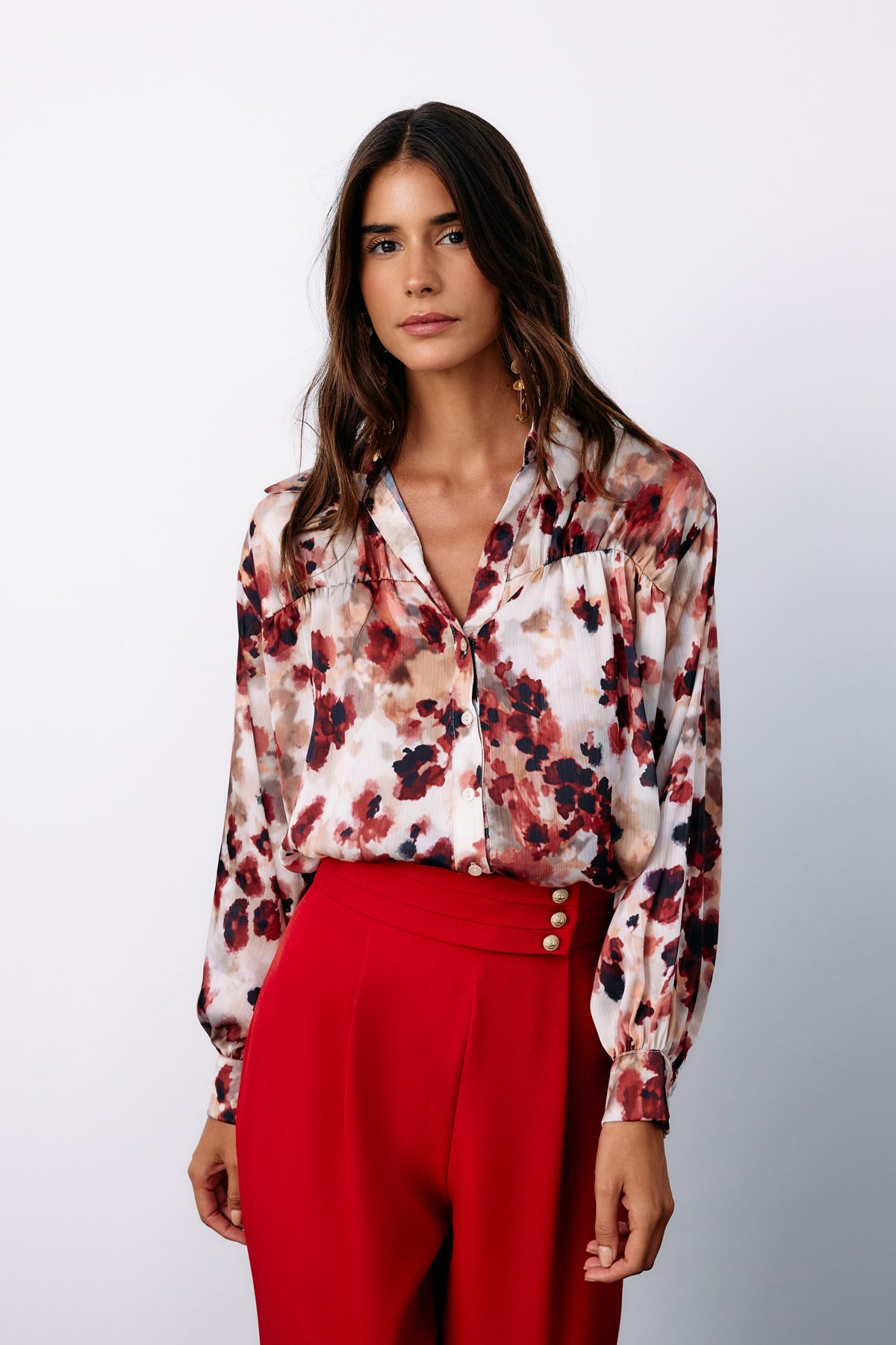 Çiçek Desenli Gömlek - BORDO