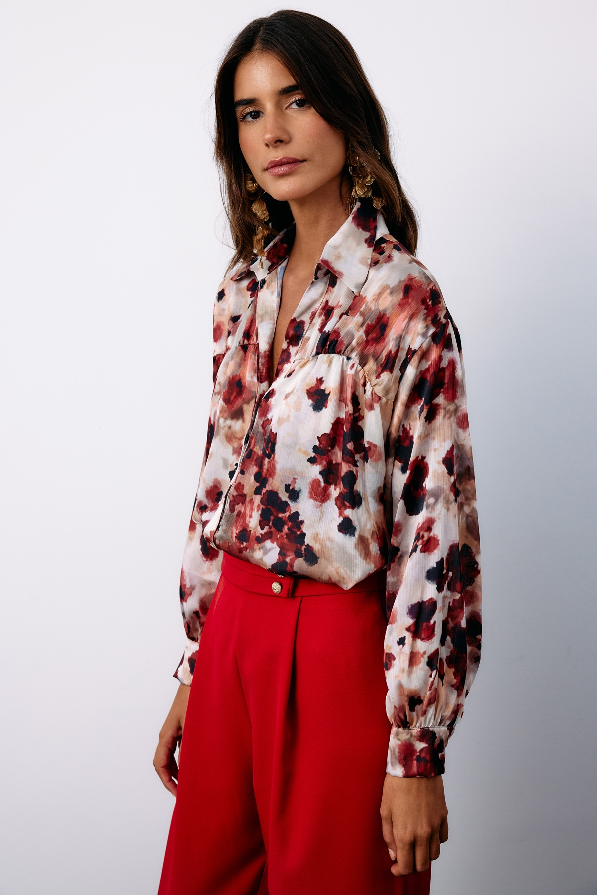 Çiçek Desenli Gömlek - BORDO