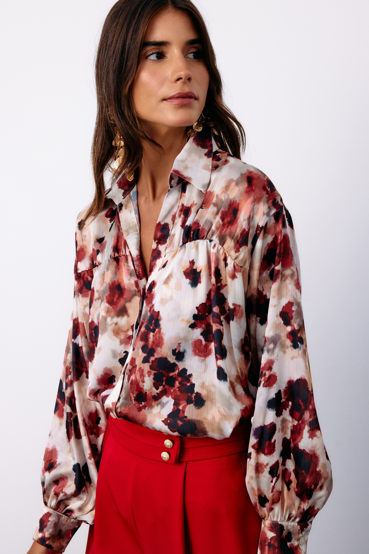 Çiçek Desenli Gömlek - BORDO