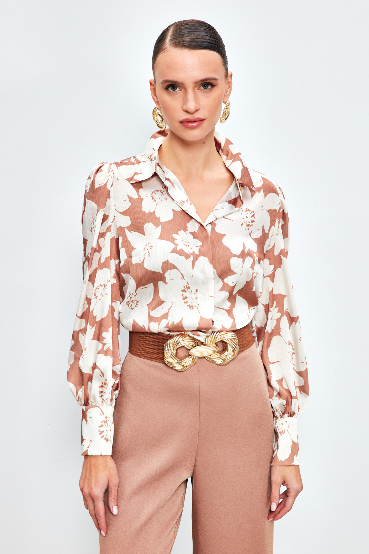 Çiçek Desenli Gömlek - CAMEL