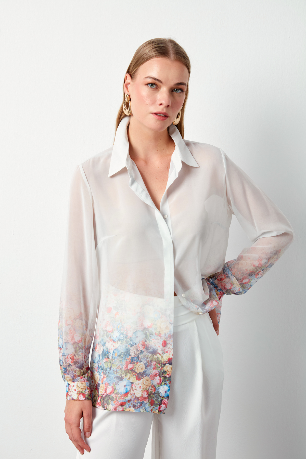 Çiçek Desenli Gömlek - EKRU