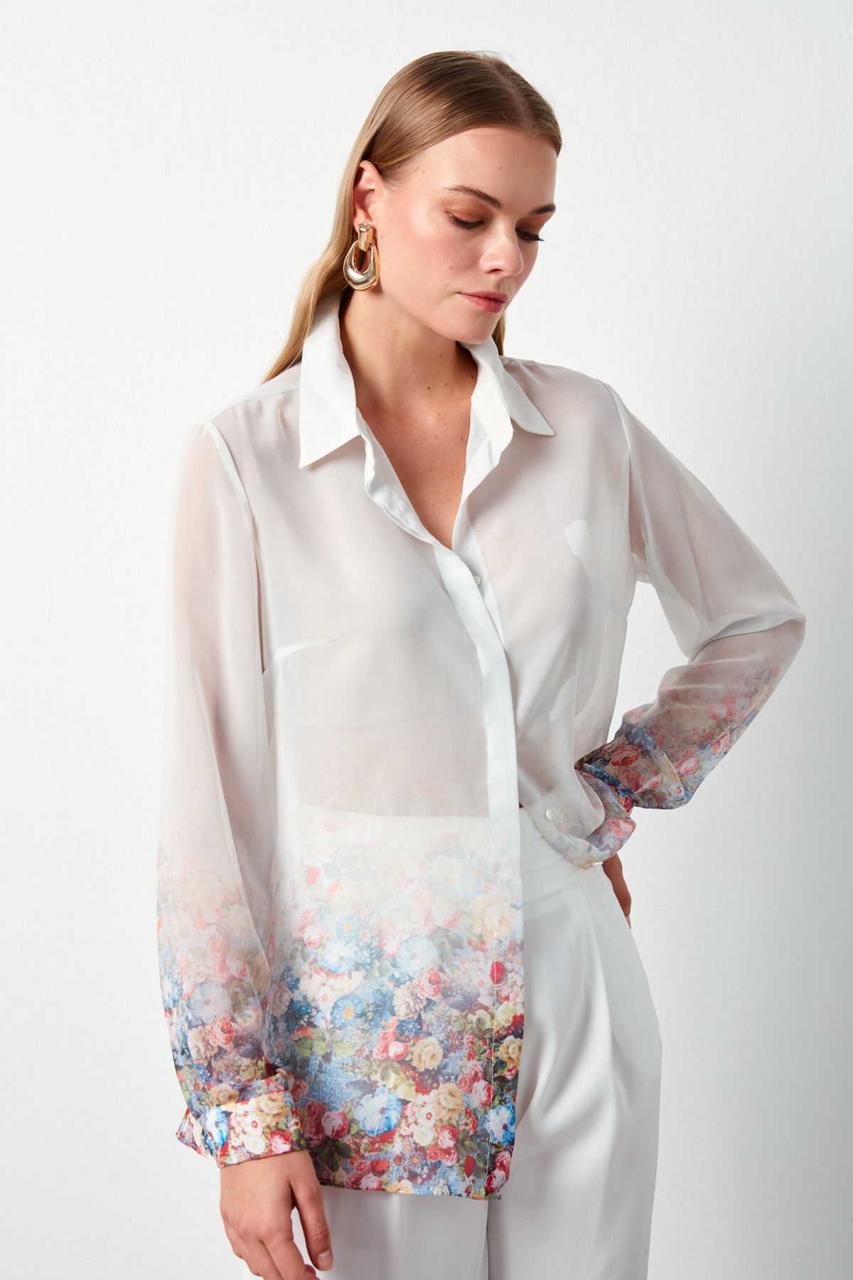 Çiçek Desenli Gömlek - EKRU