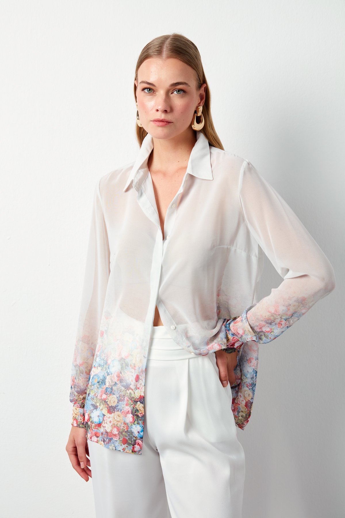 Çiçek Desenli Gömlek - EKRU