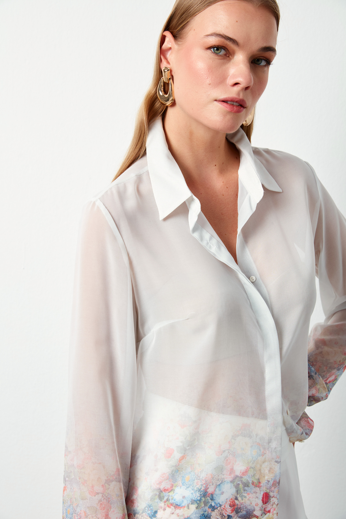 Çiçek Desenli Gömlek - EKRU