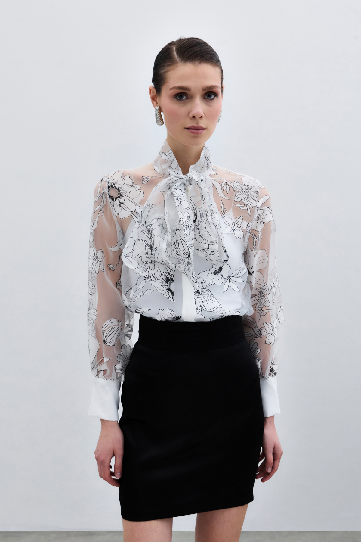 Çiçek Desenli Gömlek - Ekru