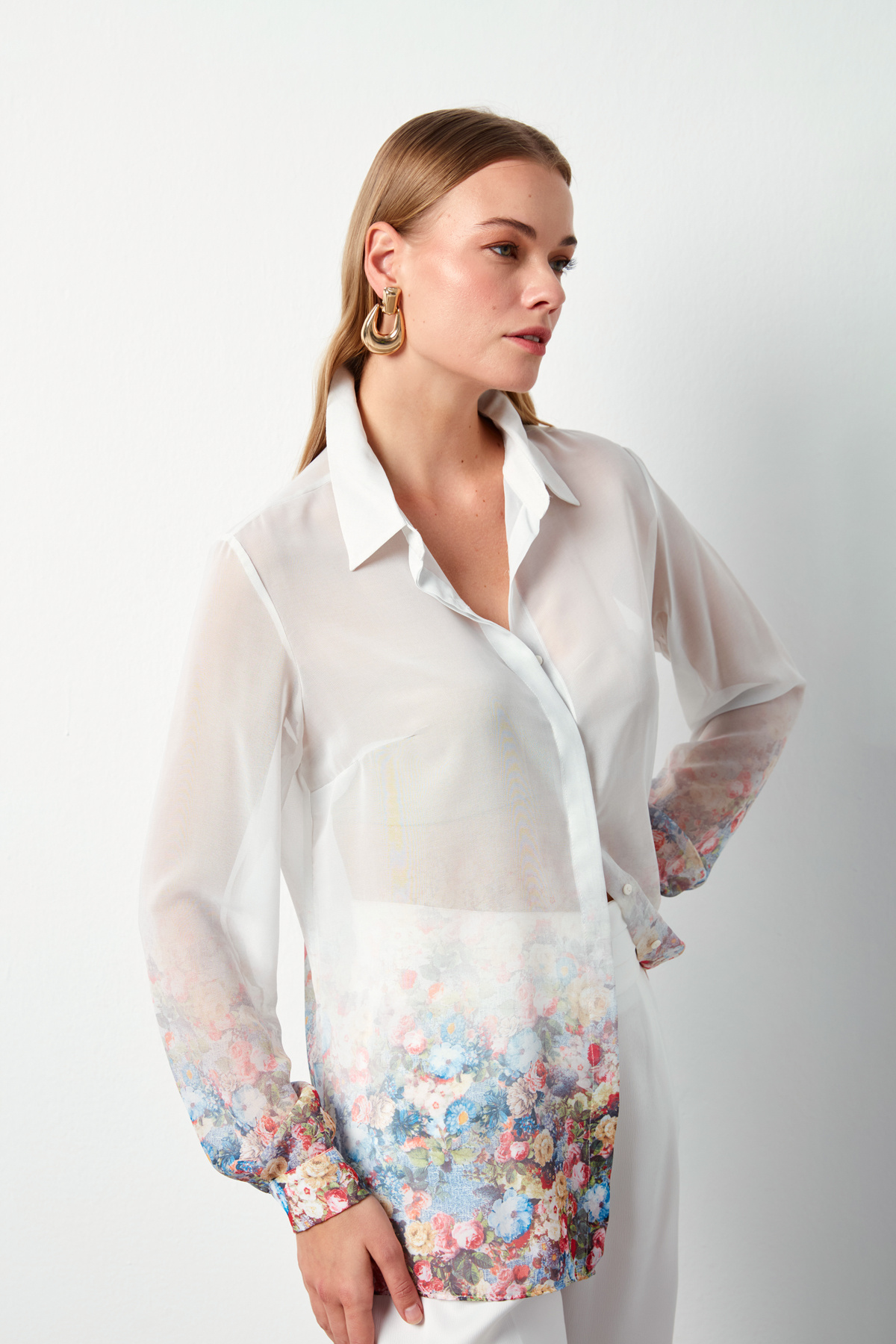 Çiçek Desenli Gömlek - EKRU