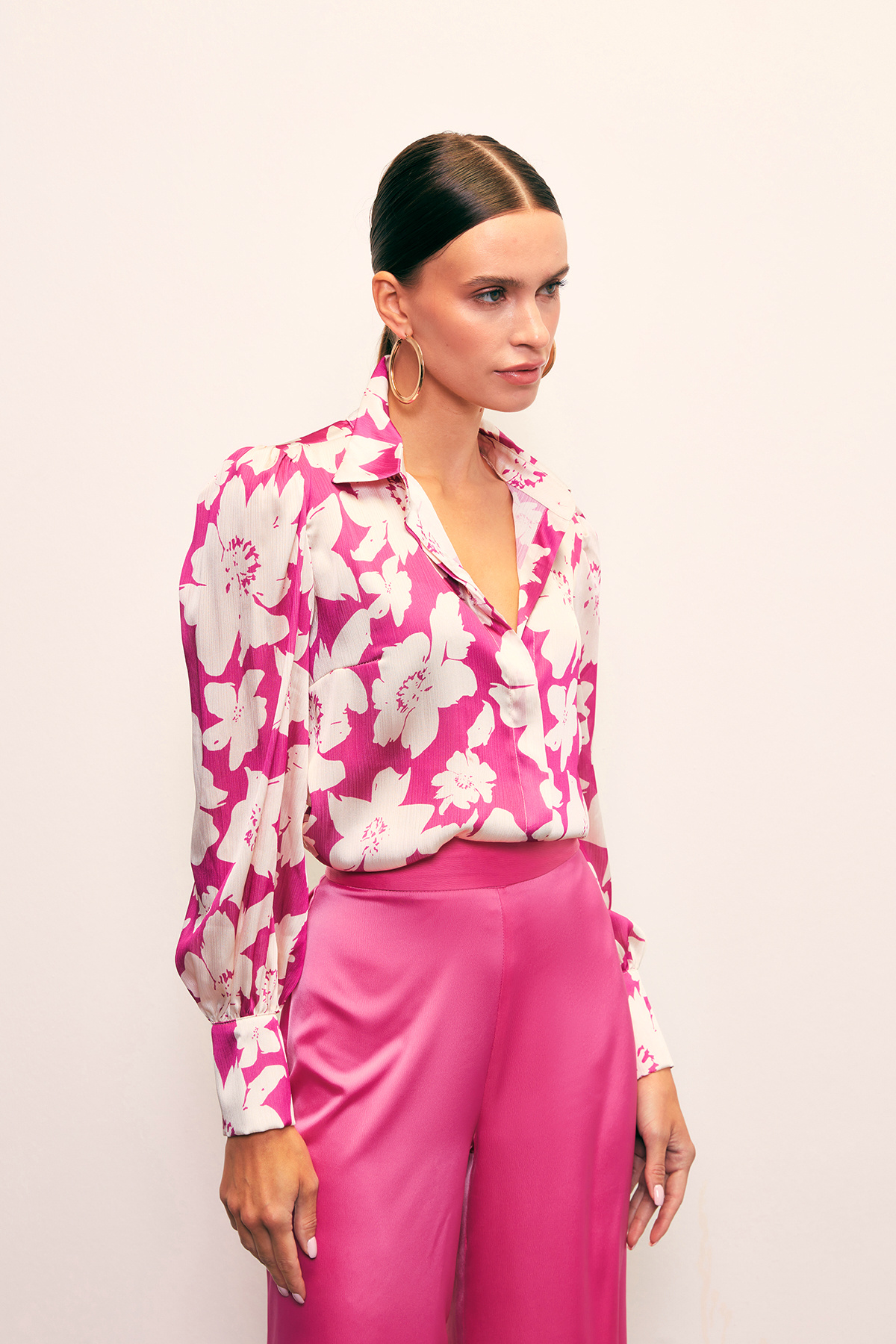 Çiçek Desenli Gömlek - FUŞYA