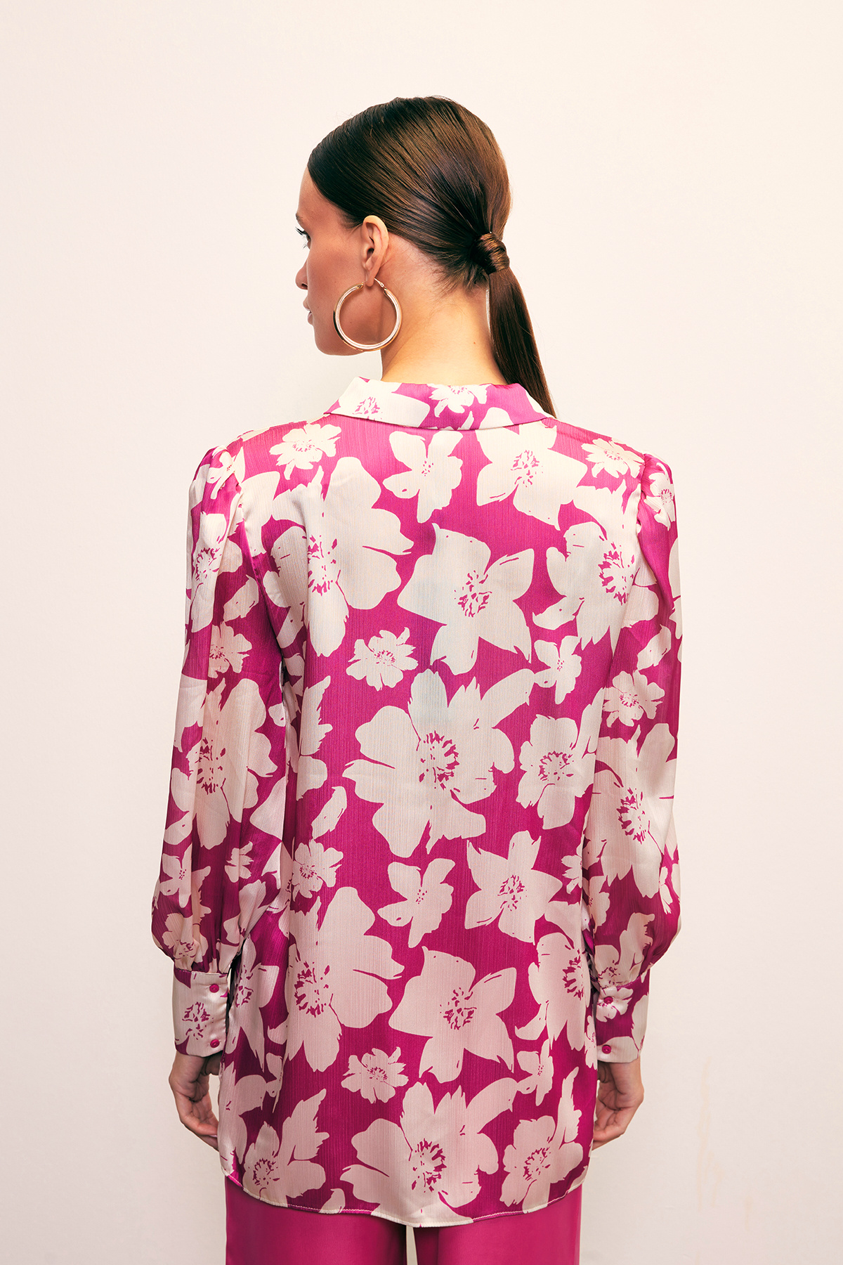 Çiçek Desenli Gömlek - FUŞYA