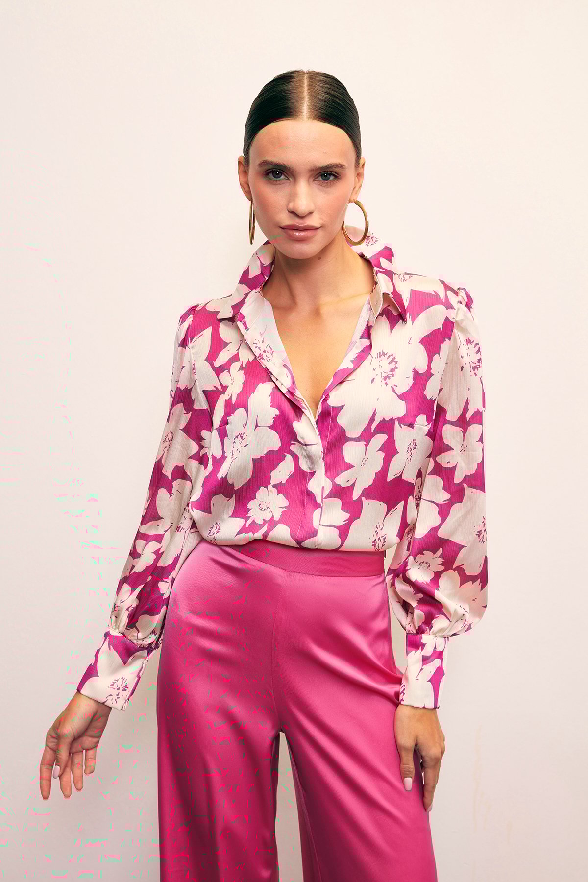 Çiçek Desenli Gömlek - FUŞYA