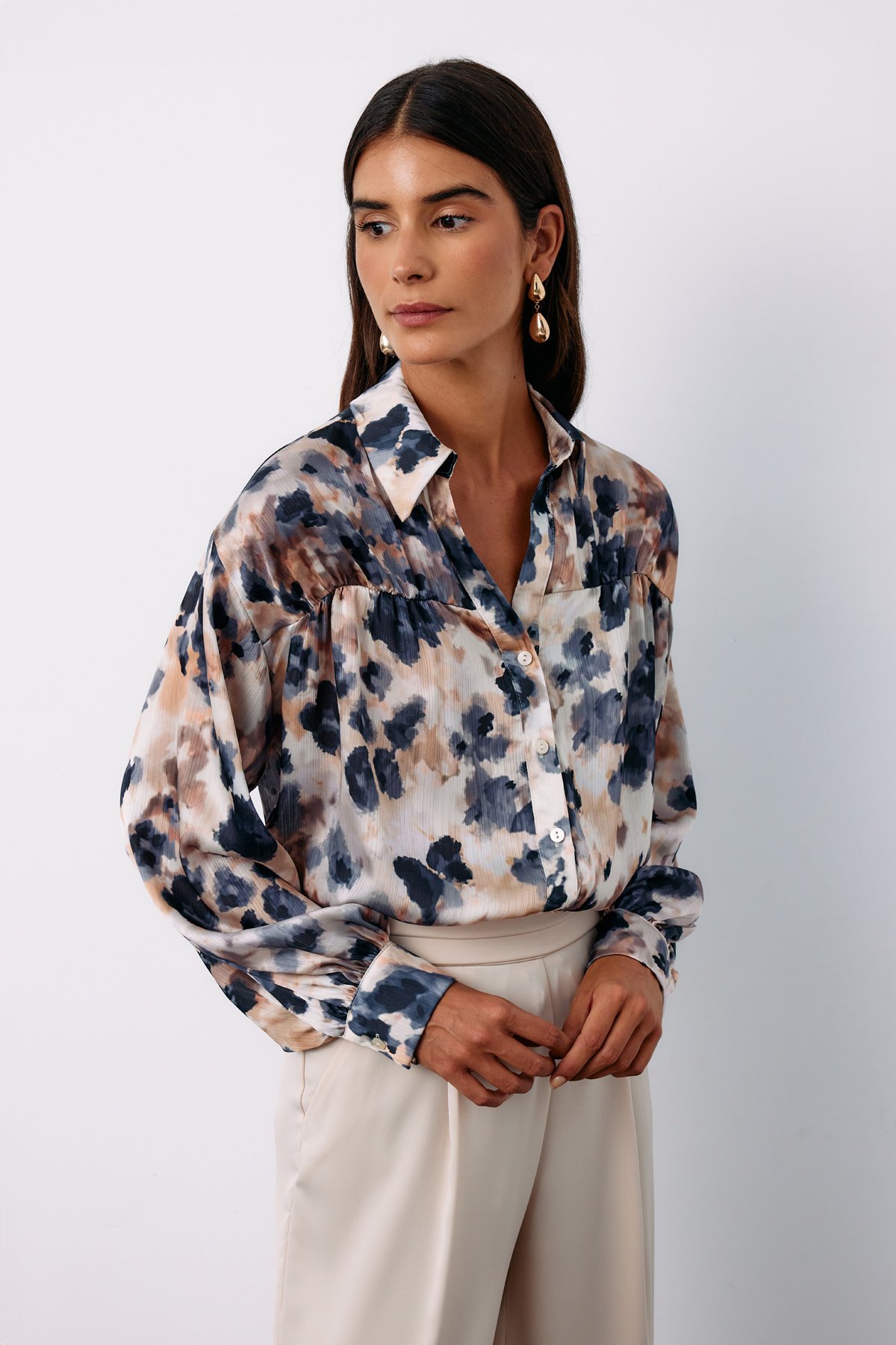 Çiçek Desenli Gömlek - GRİ