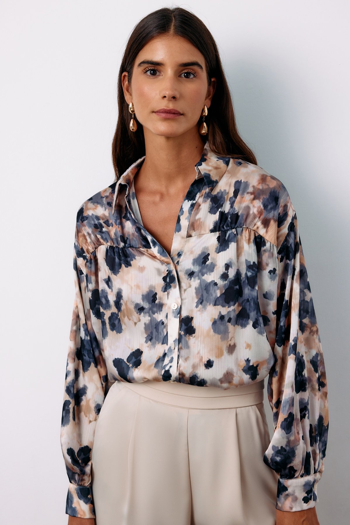 Çiçek Desenli Gömlek - GRİ