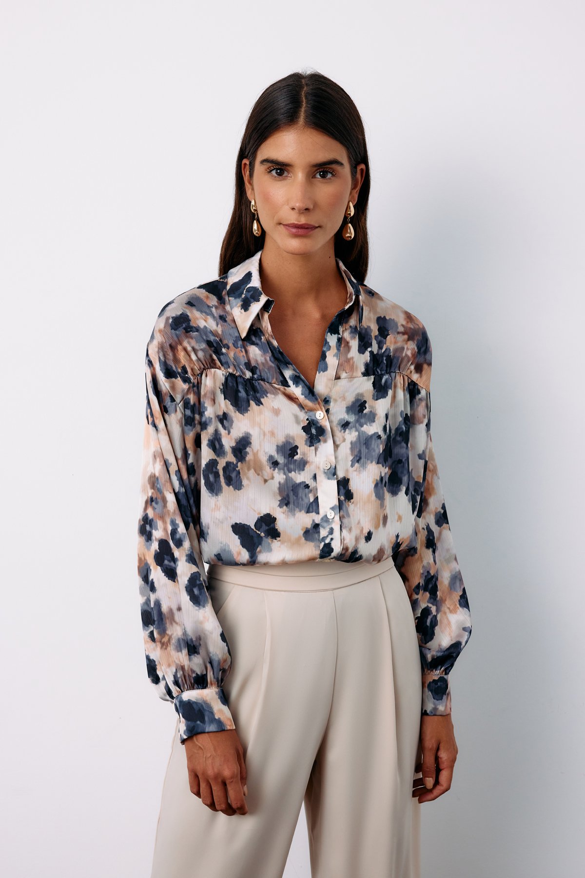 Çiçek Desenli Gömlek - GRİ