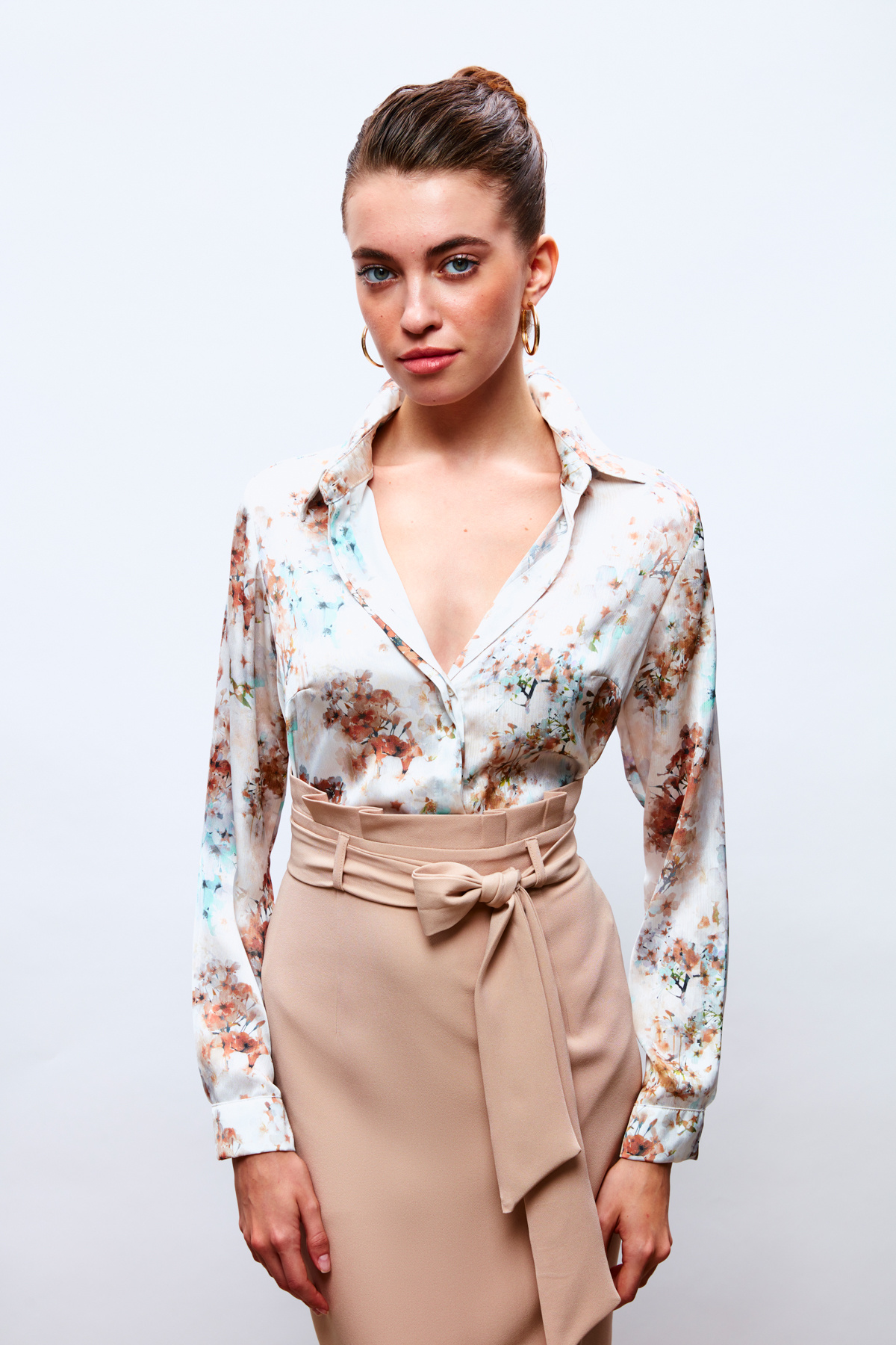 Çiçek Desenli Gömlek - KAHVE