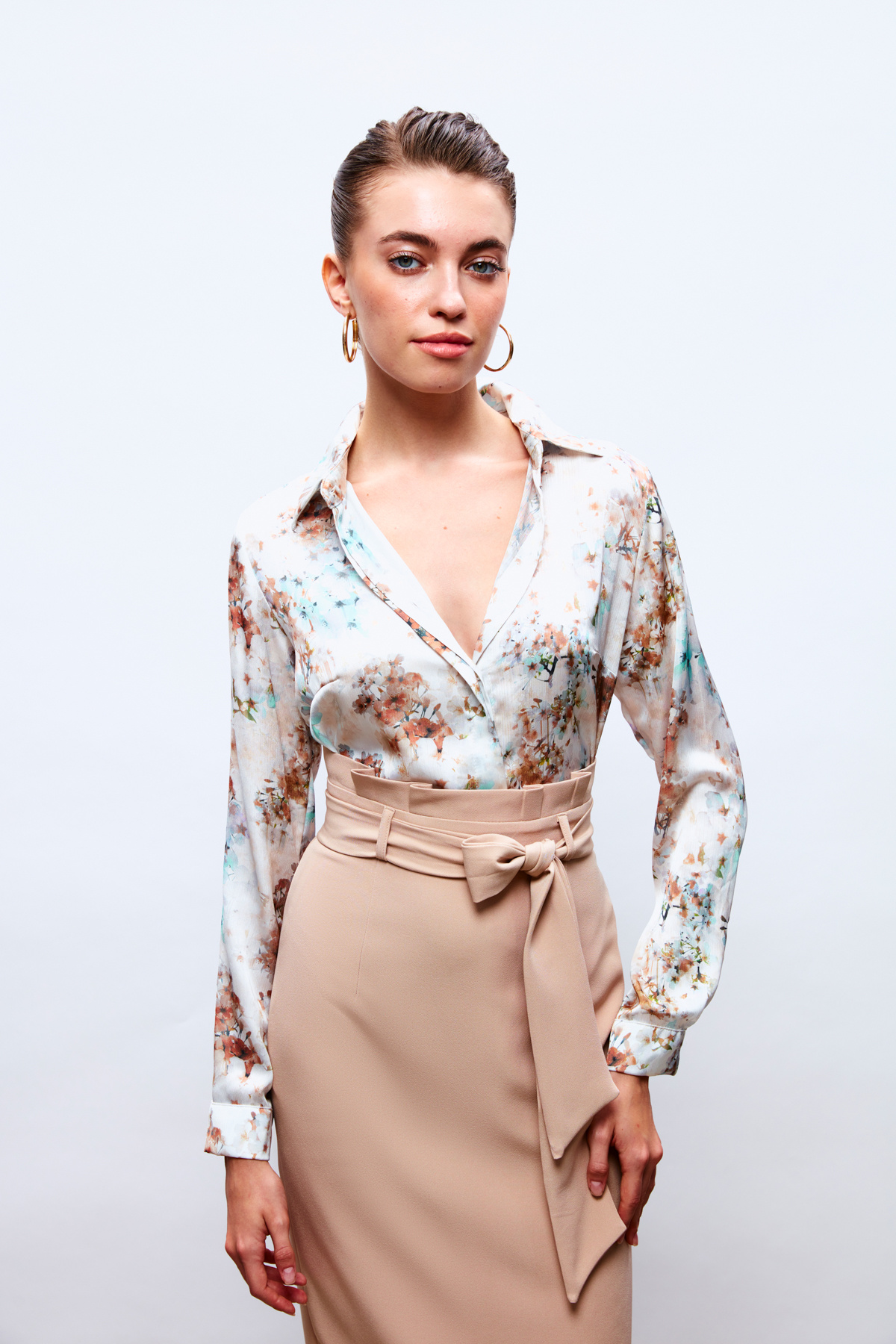 Çiçek Desenli Gömlek - KAHVE