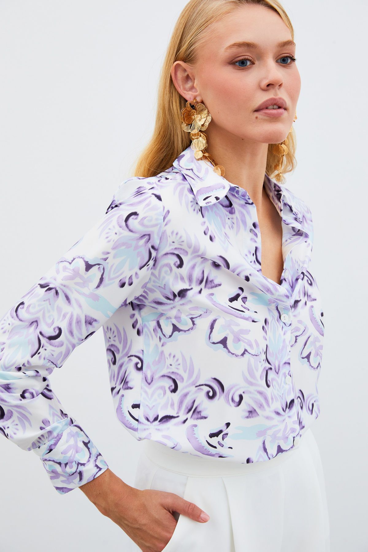 Çiçek Desenli Gömlek - LİLA
