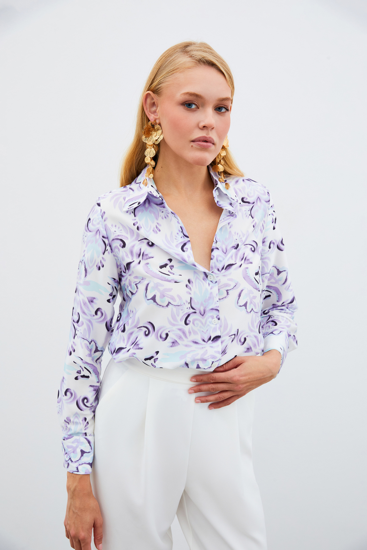 Çiçek Desenli Gömlek - LİLA