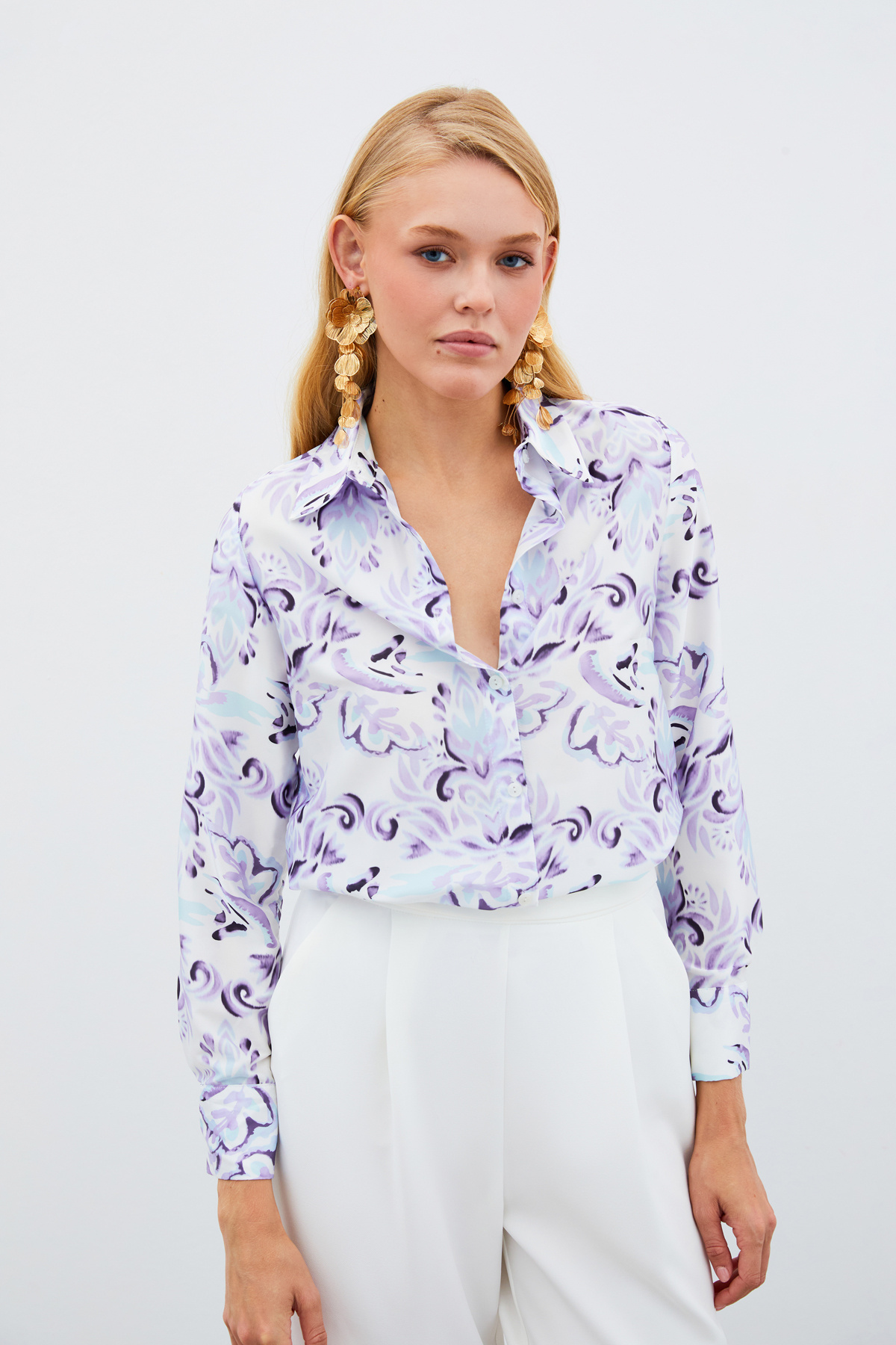 Çiçek Desenli Gömlek - LİLA